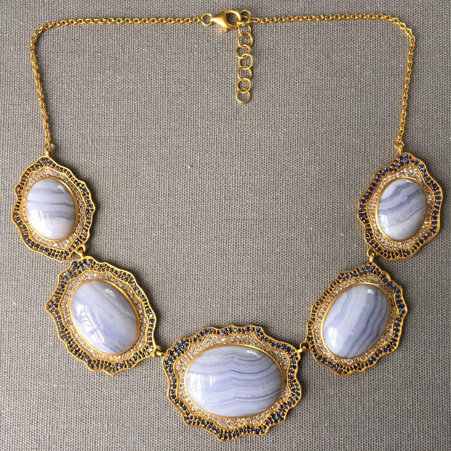 Lauren Harper Blue Agate, Sapphire, Gold Statement Necklace For Sale 5