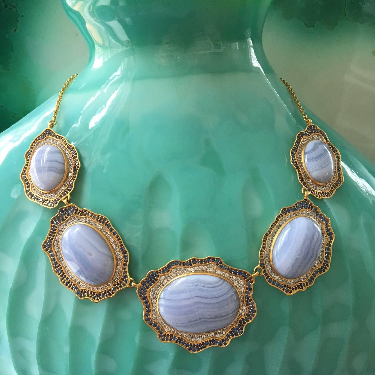Artist Lauren Harper Blue Agate, Sapphire, Gold Statement Necklace For Sale