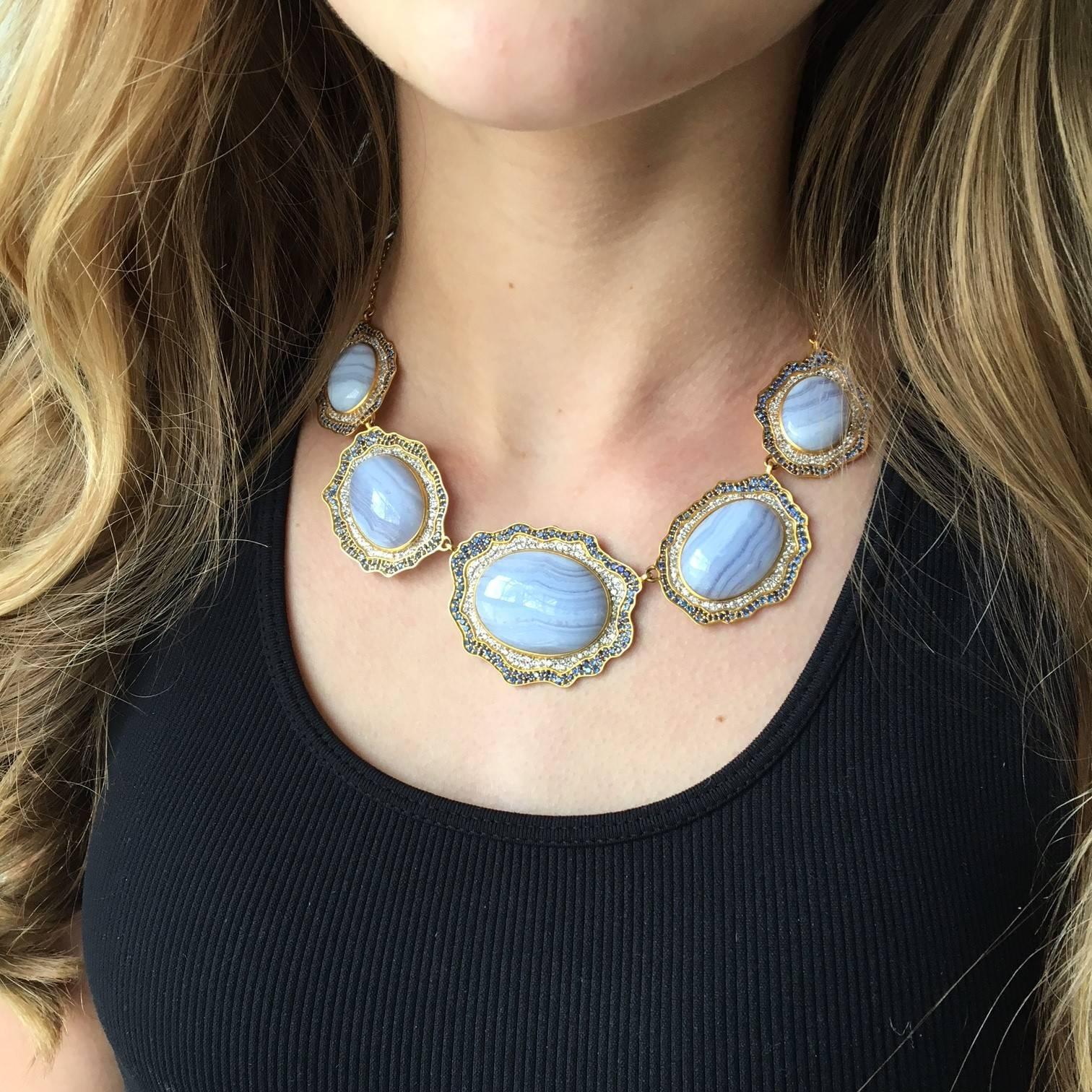 Lauren Harper Blue Agate, Sapphire, Gold Statement Necklace For Sale 2