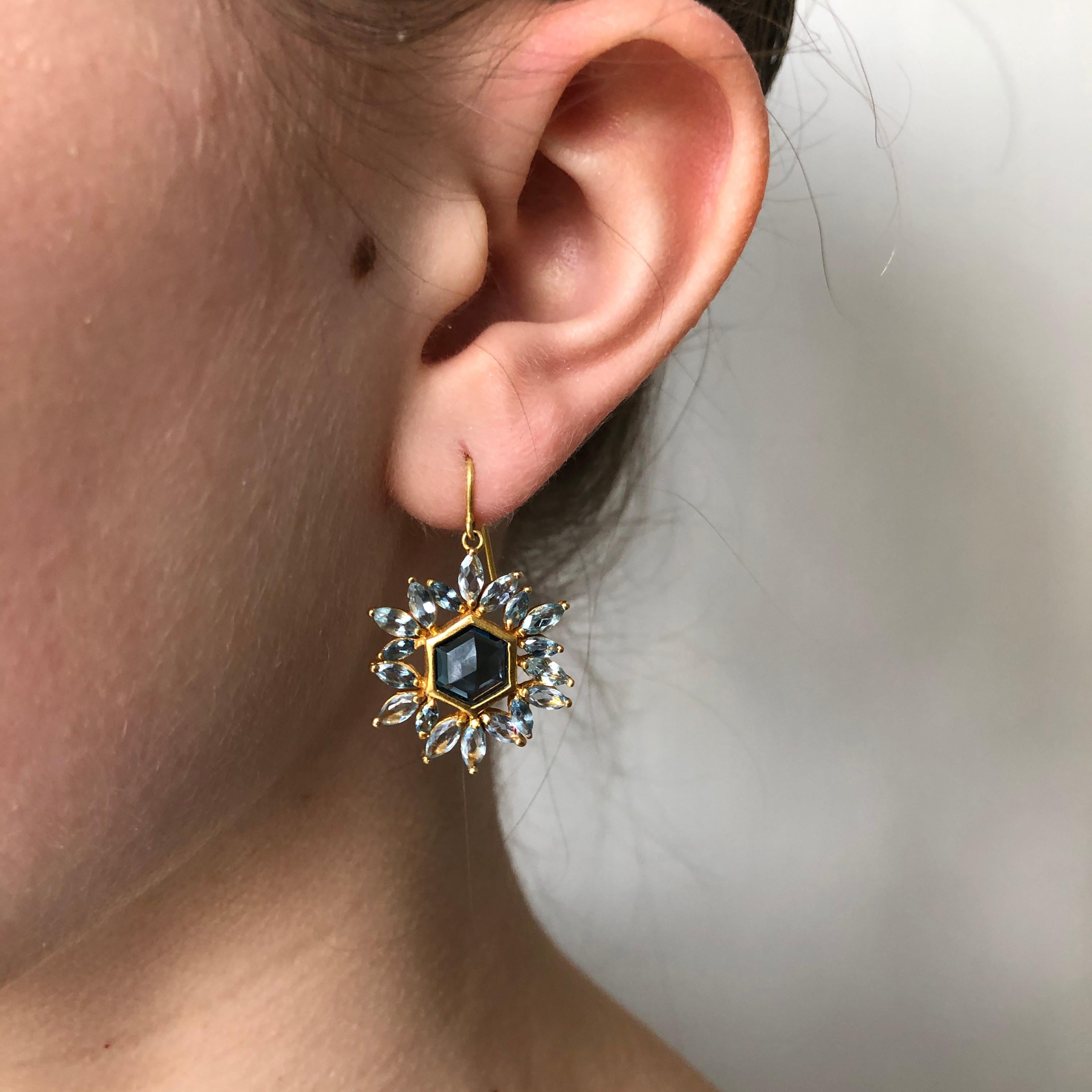 Artist Blue Topaz, Aquamarine Gold Hexagon Earrings by Lauren Harper For Sale