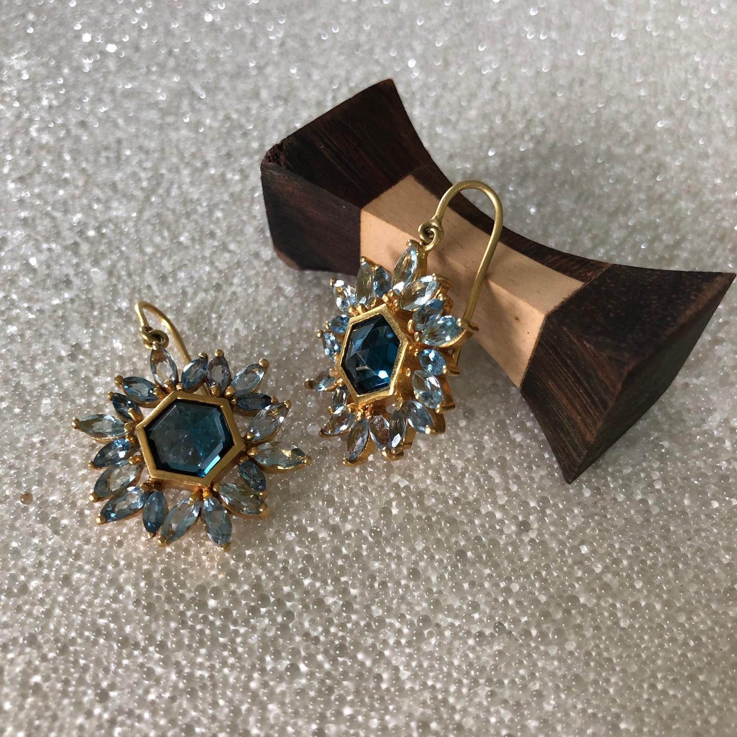 Women's Blue Topaz, Aquamarine Gold Hexagon Earrings by Lauren Harper For Sale