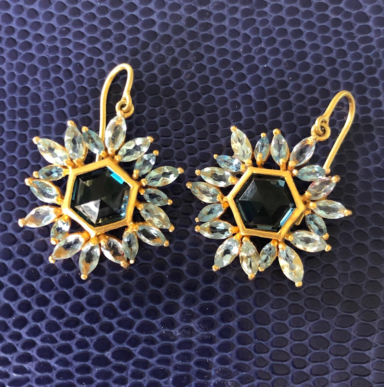 Blue Topaz, Aquamarine Gold Hexagon Earrings by Lauren Harper For Sale 1