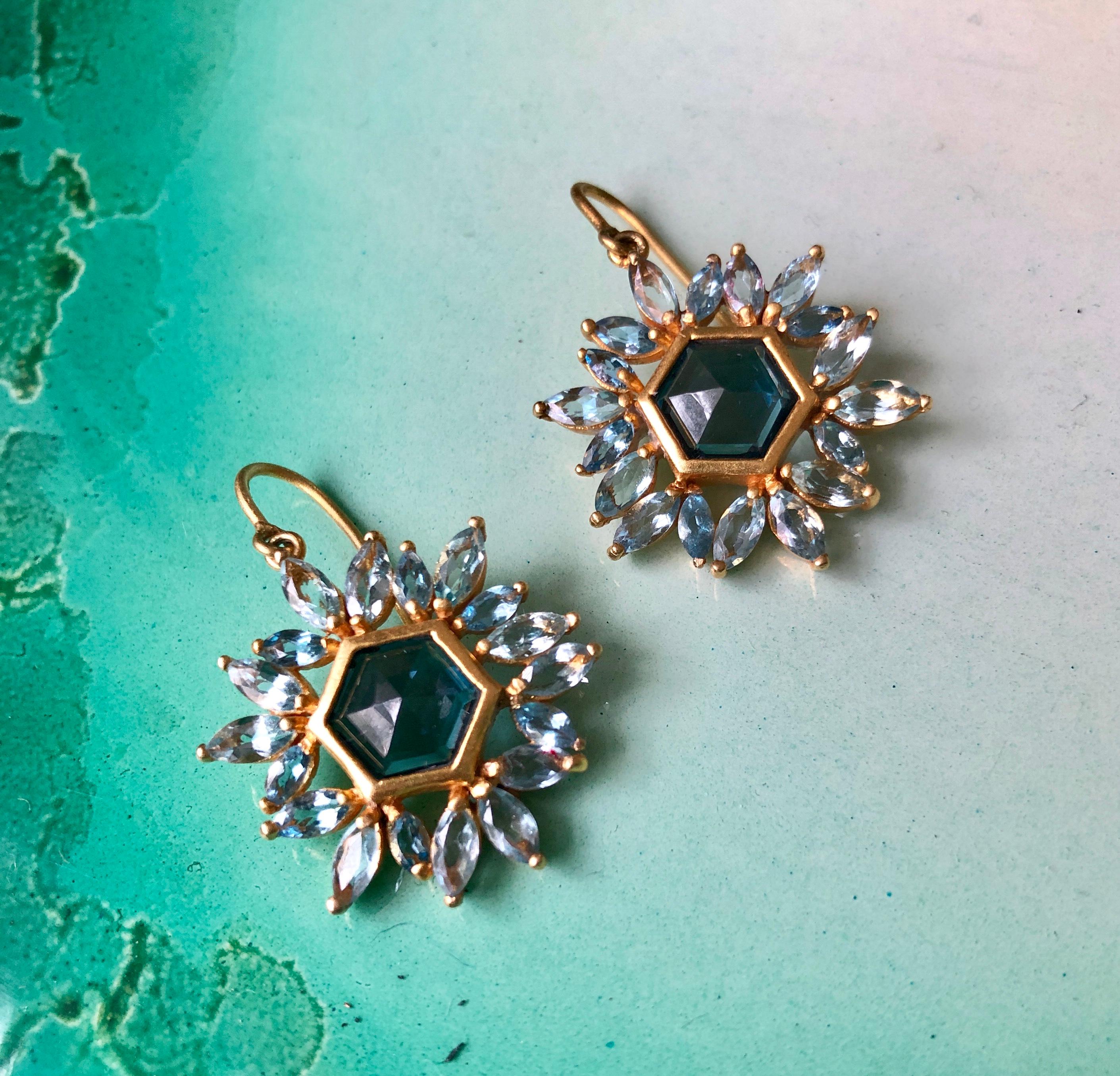 Blue Topaz, Aquamarine Gold Hexagon Earrings by Lauren Harper For Sale 3