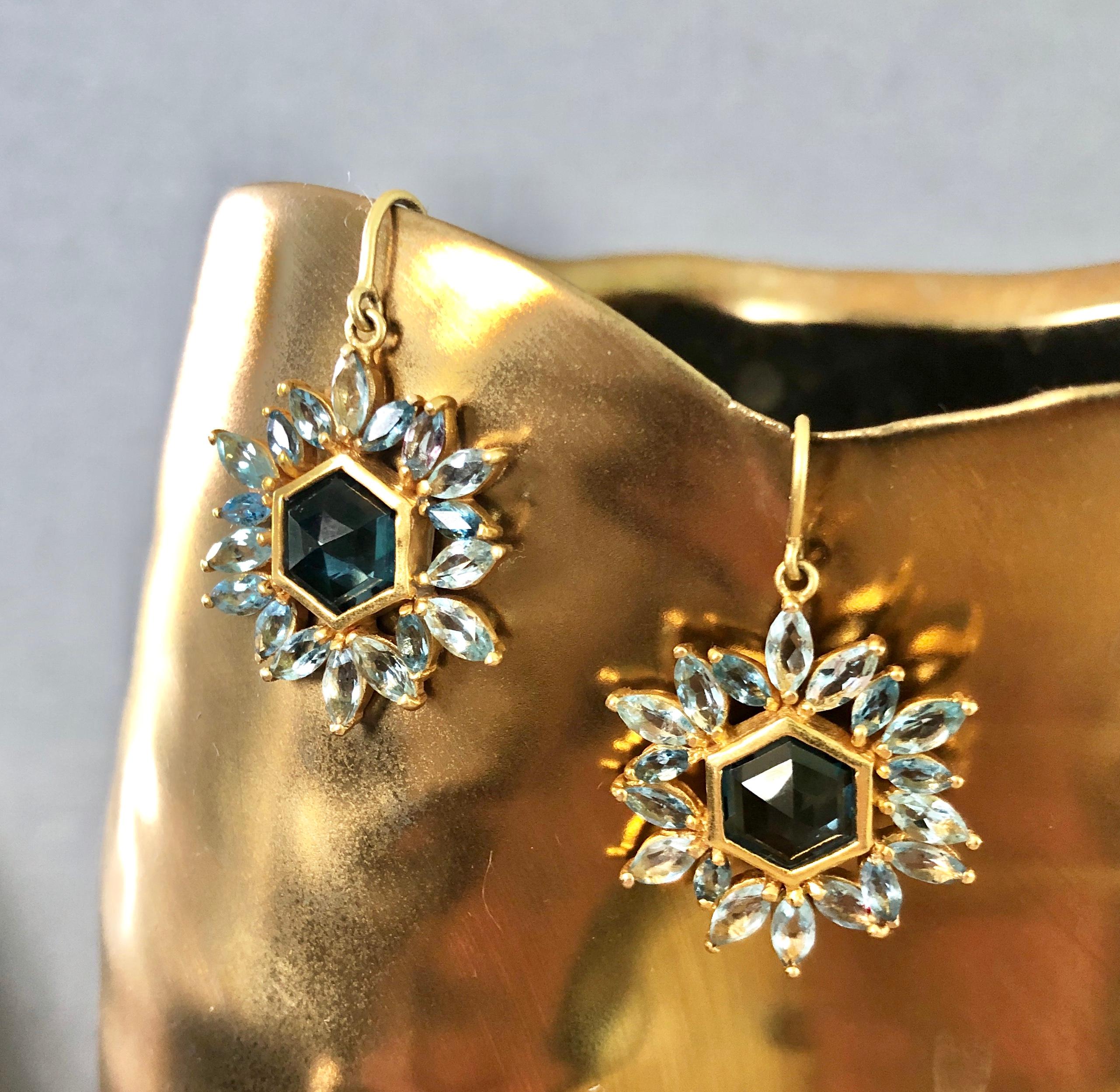 Blue Topaz, Aquamarine Gold Hexagon Earrings by Lauren Harper For Sale 4