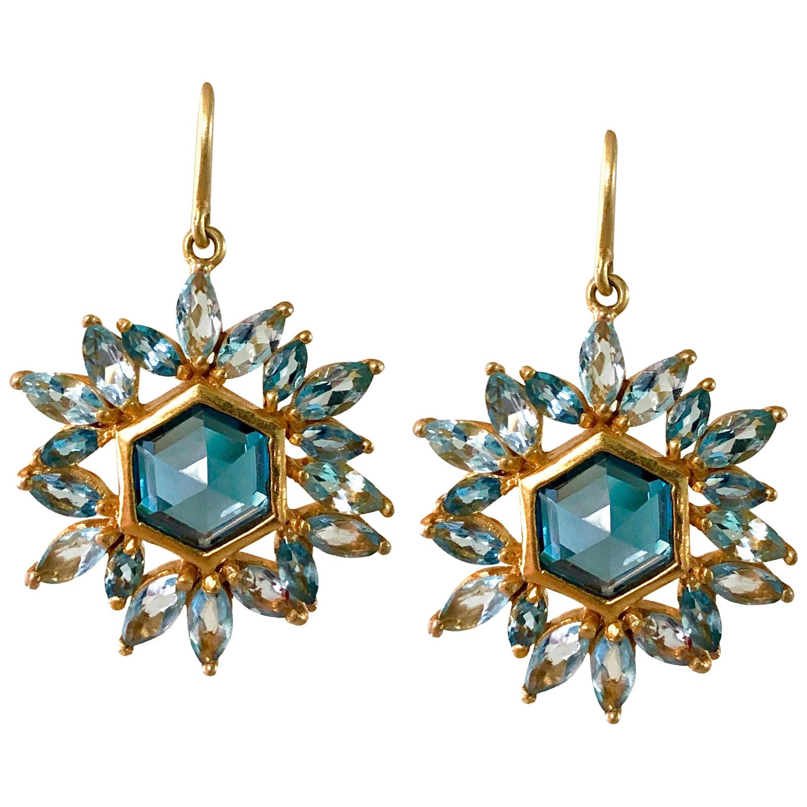 Blue Topaz, Aquamarine Gold Hexagon Earrings by Lauren Harper