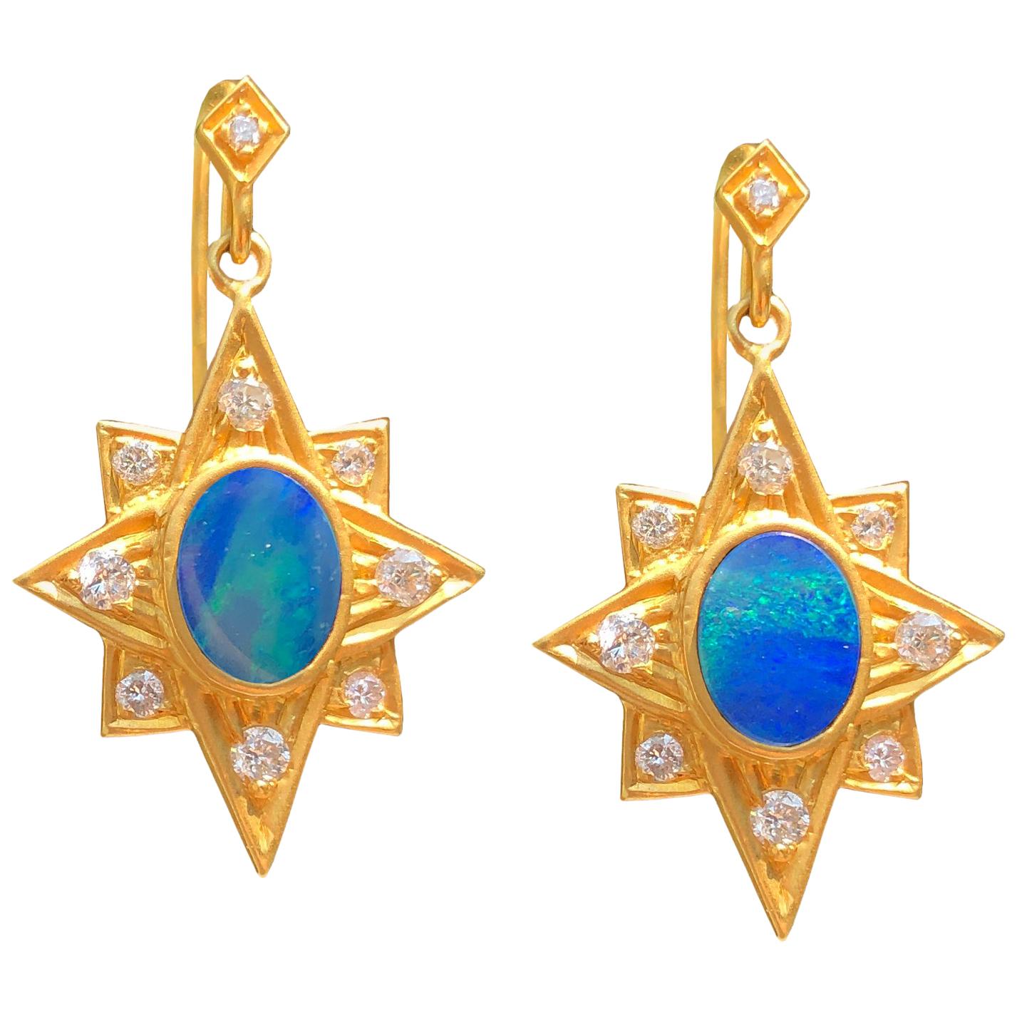 Boulder Opal .52 Carat Diamond Gold Earrings by Lauren Harper
