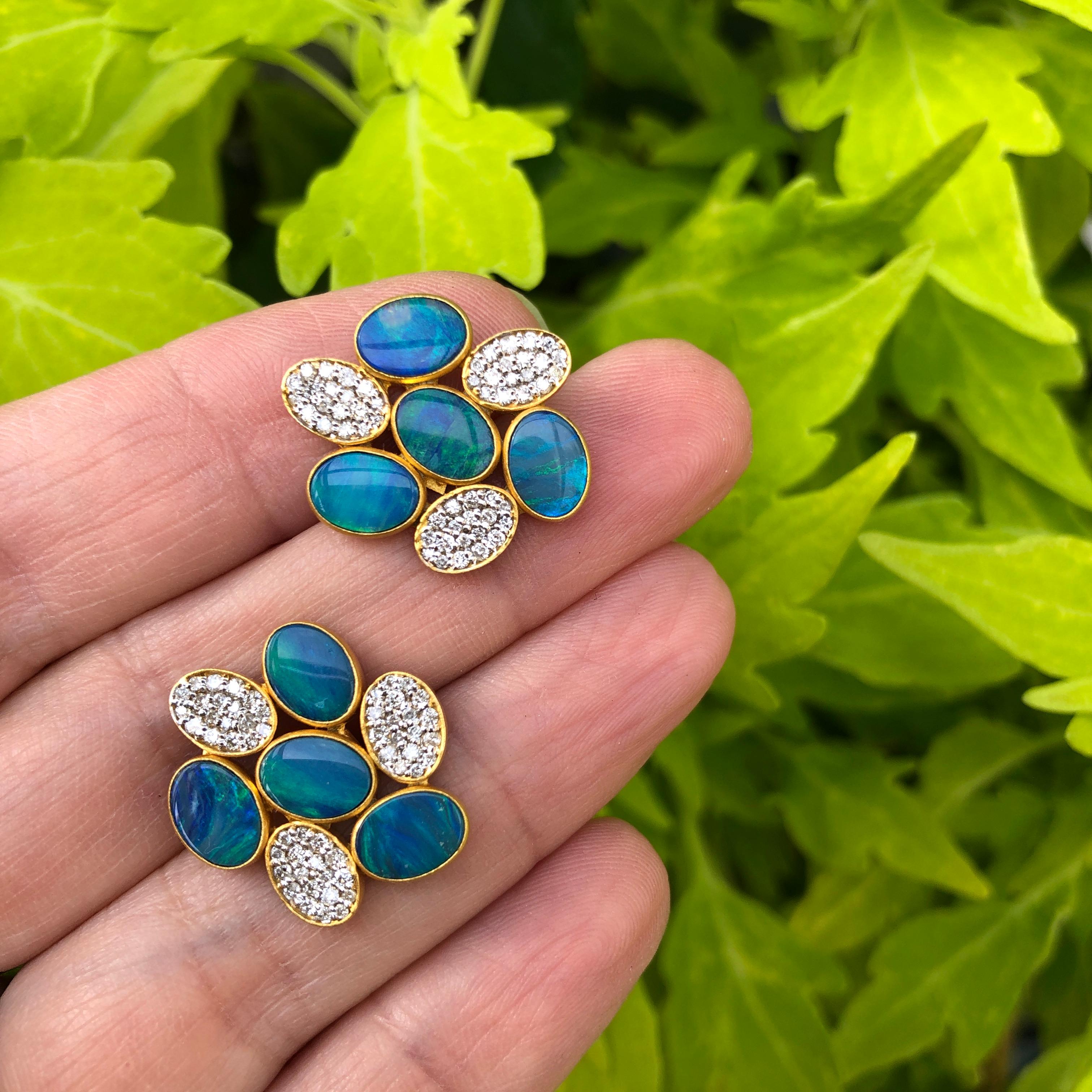 Artist Boulder Opal Diamond Gold Studs by Lauren Harper