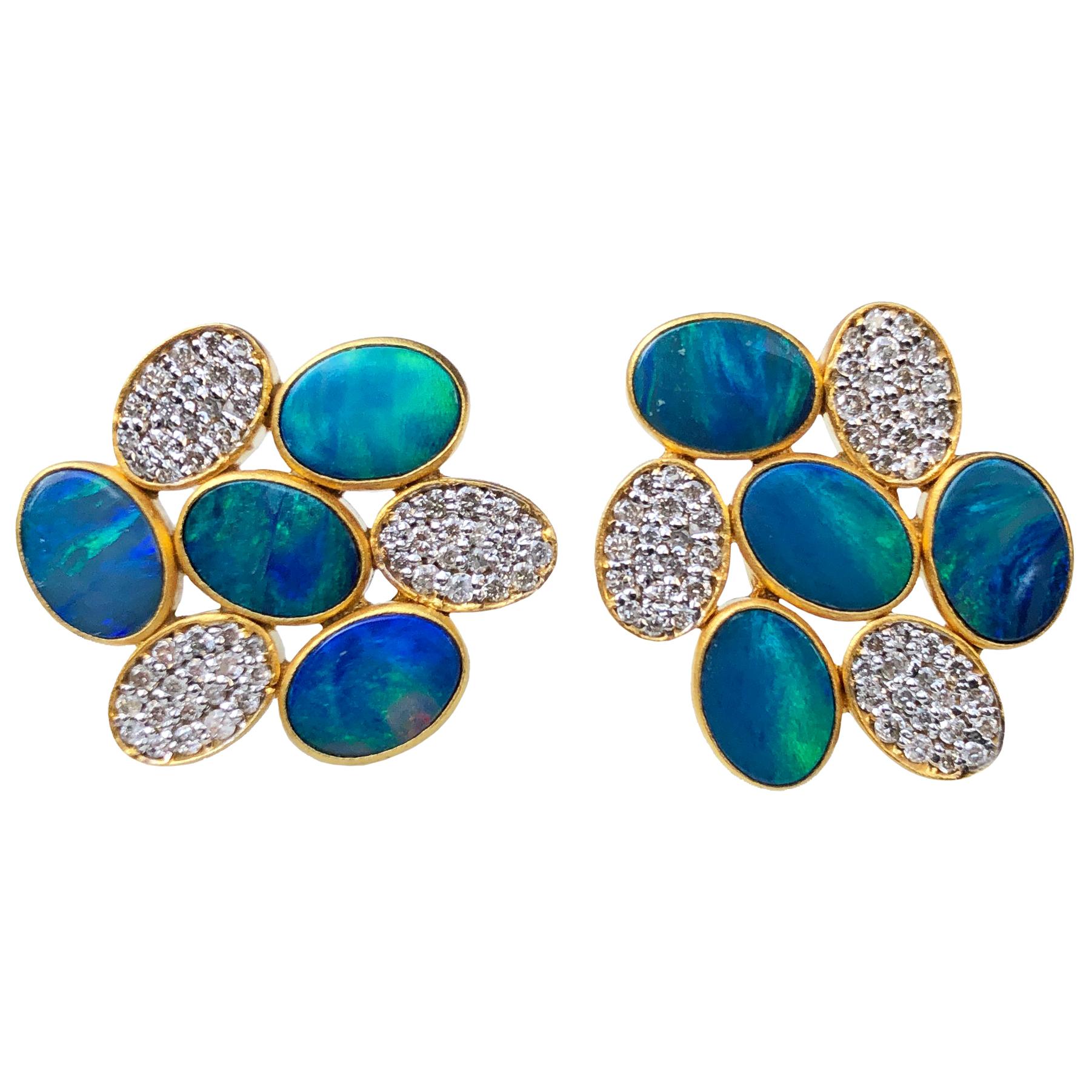 Boulder Opal Diamond Gold Studs by Lauren Harper