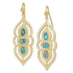 Lauren Harper Boulder Opal White Diamond One of a Kind Arabesque Drop Earrings