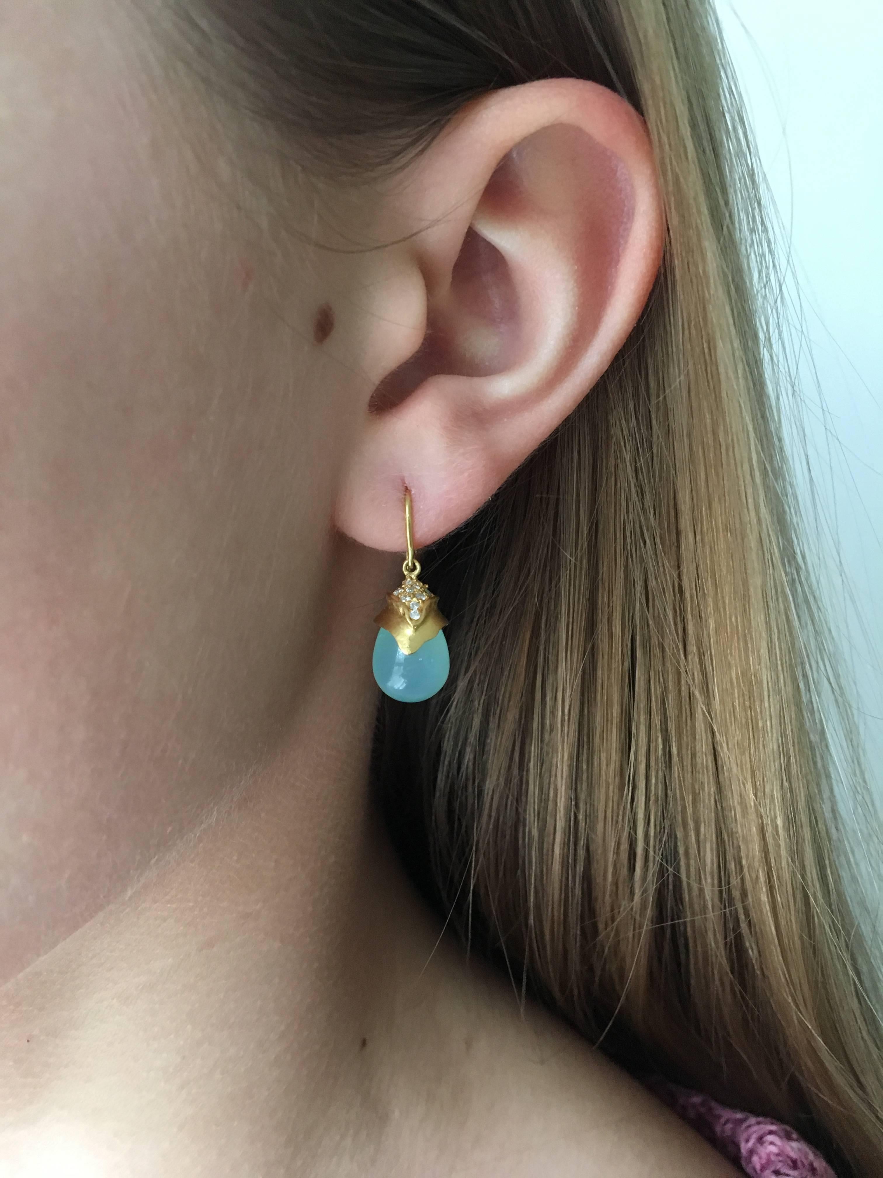 Lauren Harper Chalcedony, .41 Carat Diamonds, 18 Karat Gold Drop Earrings 2