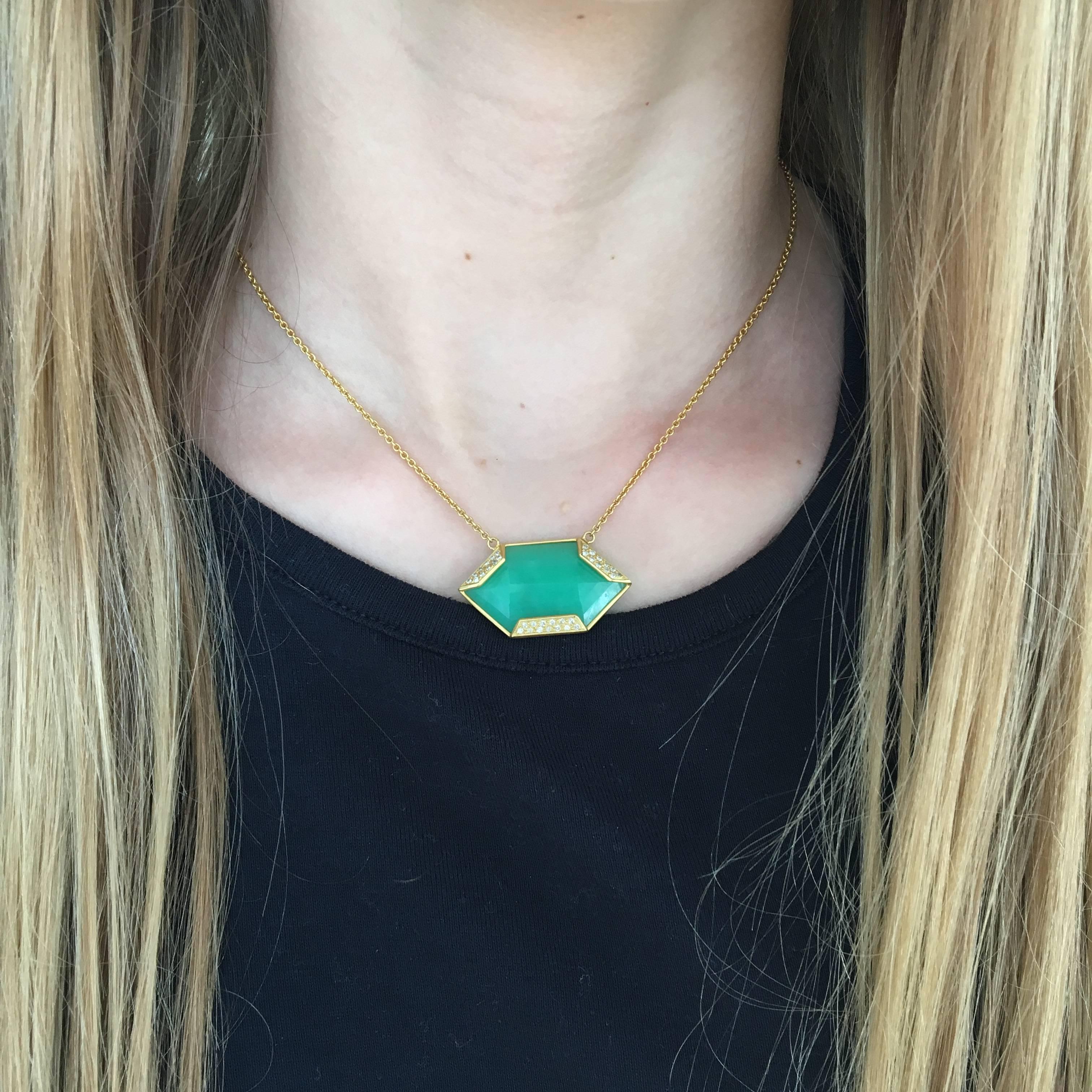 This brightly colored Chrysophrase necklace is meticulously faceted in a step cut hexagon, and then surrounded in 18kt Gold that has beautiful diamond detailing.  Finished in Lauren Harper's signature matte gold, this piece sits right at the neck,