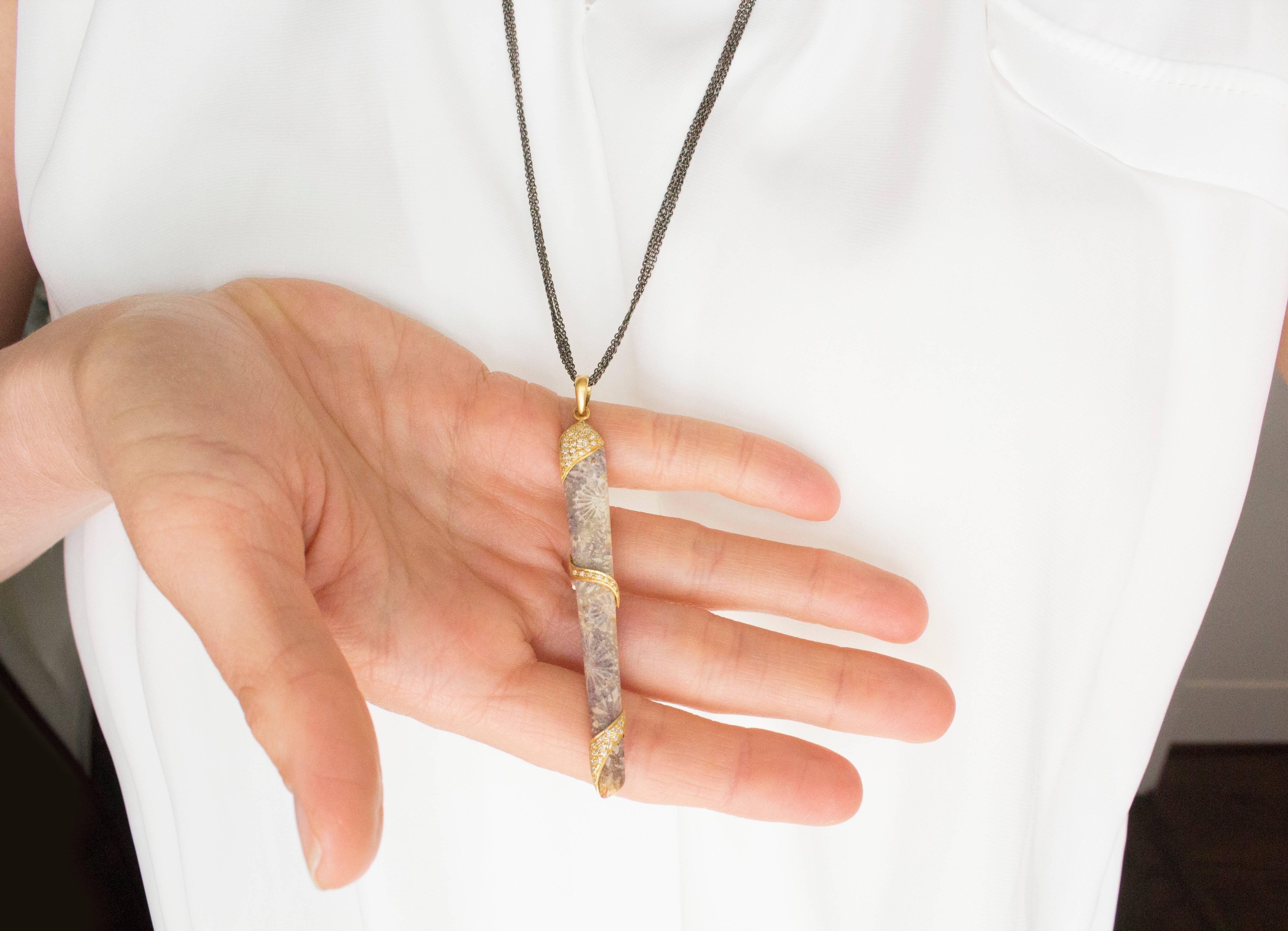 One-of-a-Kind Necklace on a 29 inch(+ 1 inch extension) oxidized silver and matte-finished 18k yellow gold triple chain with a beautiful ancient fossilized coral smoothly wrapped in matte-finished 18k yellow gold with round brilliant-cut white