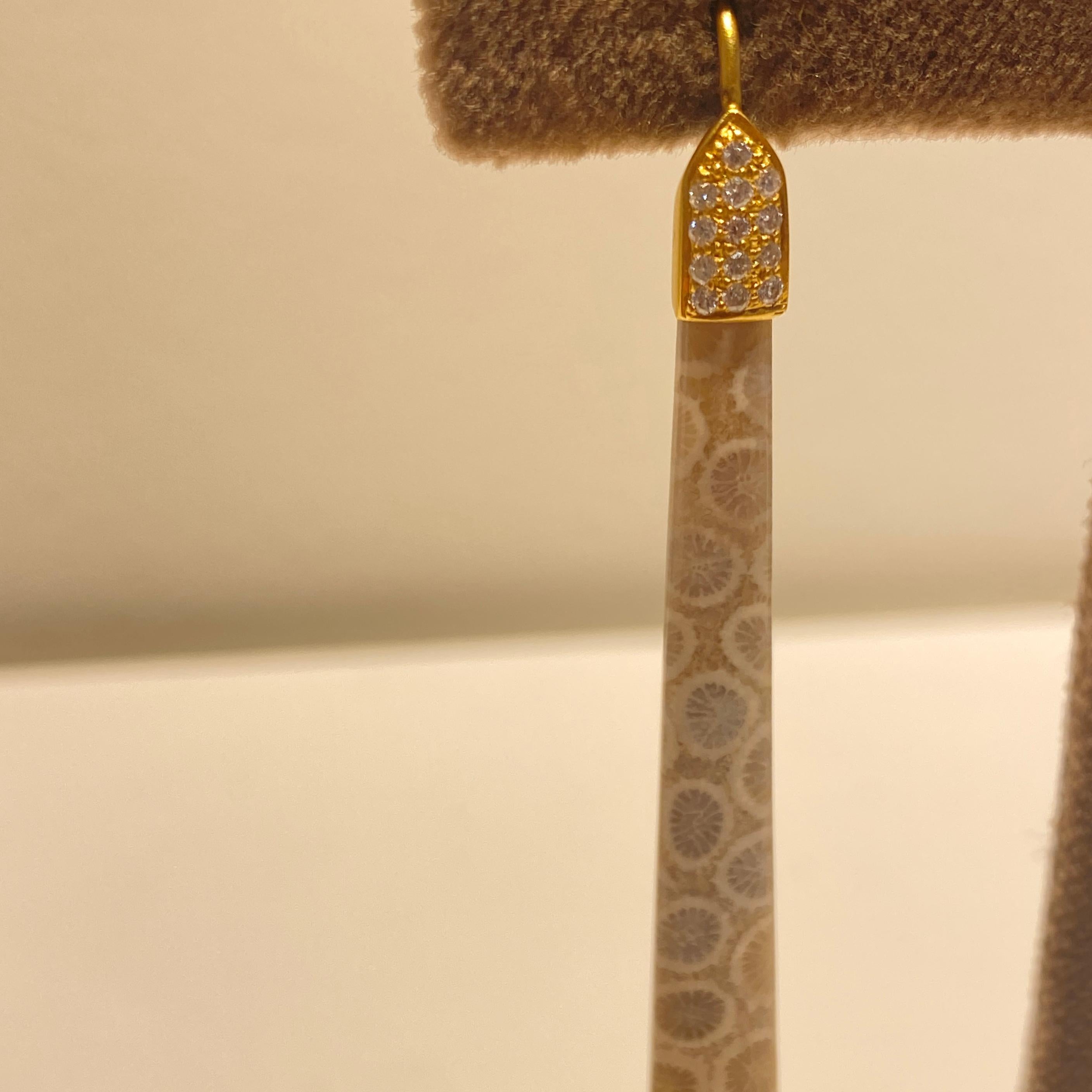Brilliant Cut Lauren Harper Fossilized Coral Earrings with Diamonds in 18K Yellow Gold