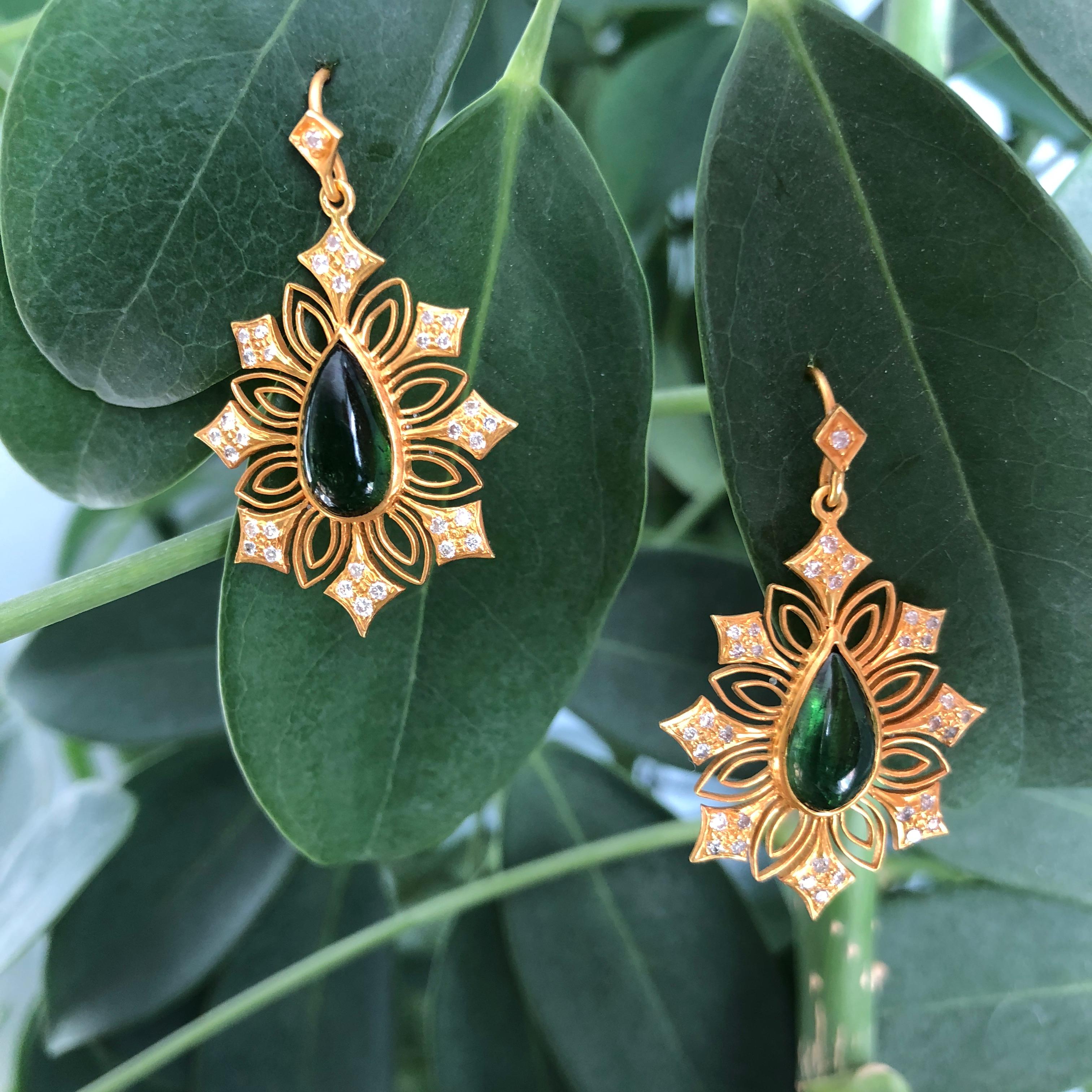 Lauren Harper Green Tourmaline, Diamond and 18kt Gold Earrings. Designed to resemble the details in a royal crown, delicate 18kt gold and diamonds surround deep green tourmaline pear cabochons.  Lightweight and delicate, and finished in Lauren