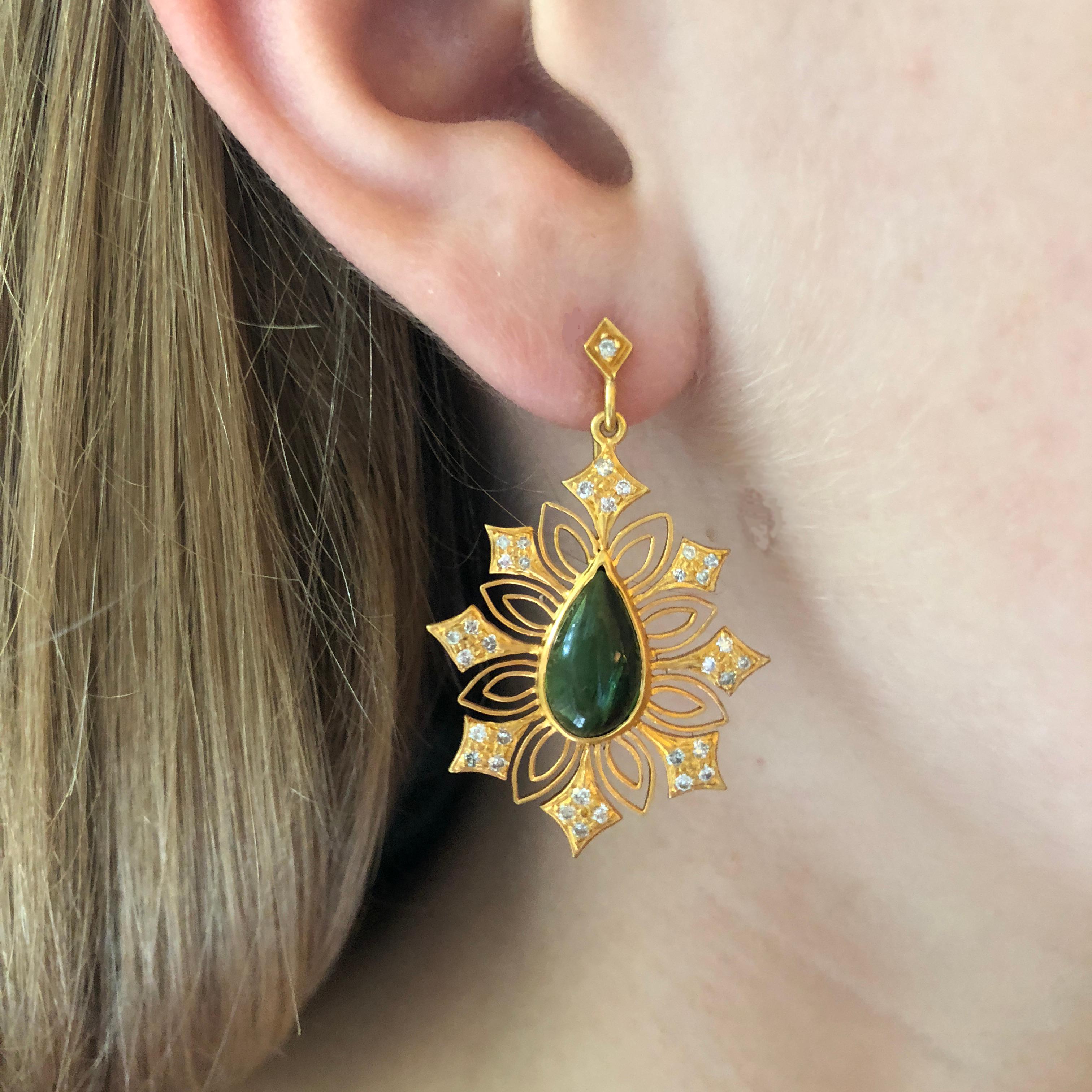 Pear Cut Lauren Harper Green Tourmaline Diamond Gold Earrings