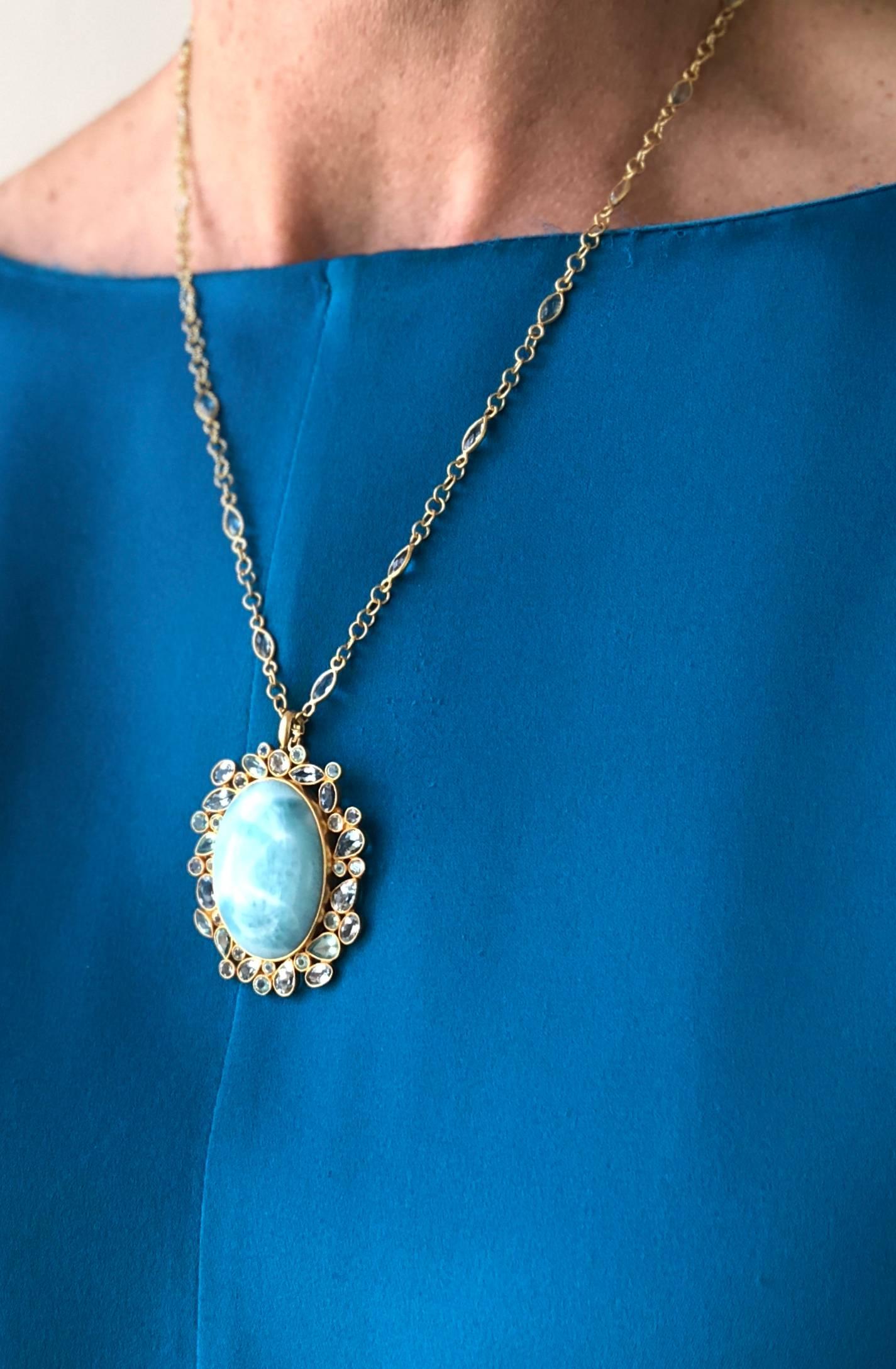 Artist Lauren Harper Larimar Aquamarine Apatite 18 Karat Gold Gemstone Necklace For Sale