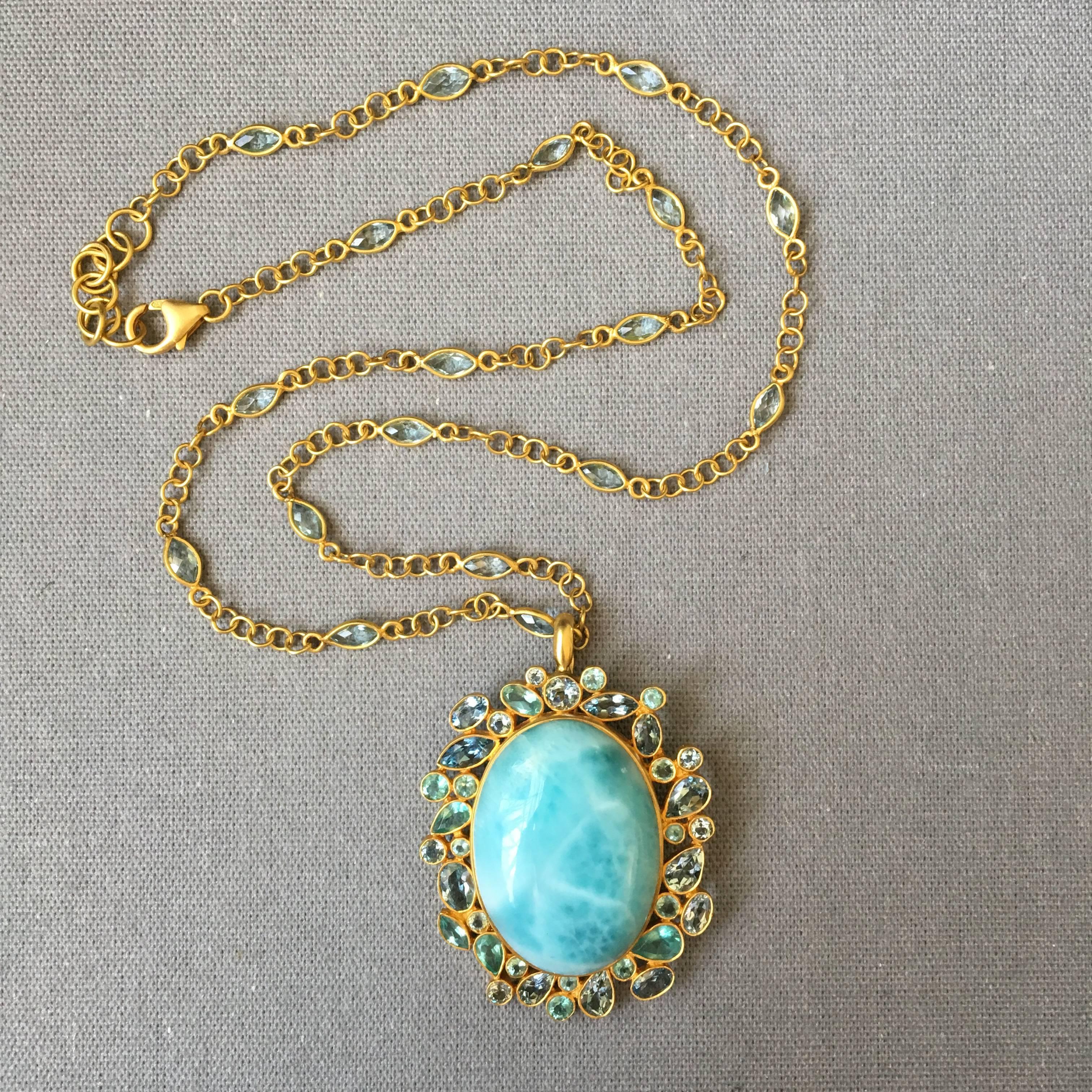 Lauren Harper Larimar Aquamarine Apatite 18 Karat Gold Gemstone Necklace In New Condition For Sale In Winnetka, IL