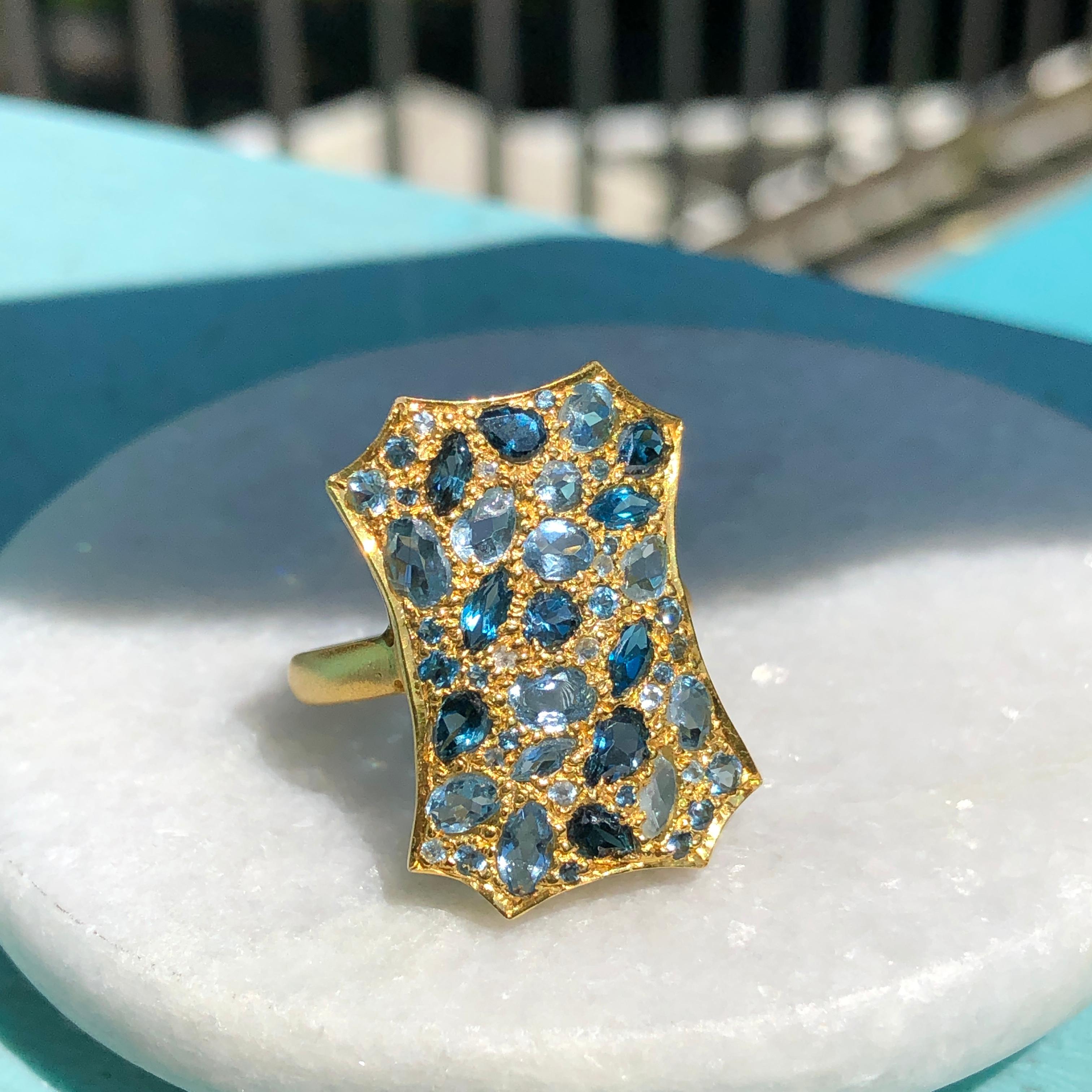 Artisan Aquamarine London Blue Topaz Gold Cocktail Ring by Lauren Harper For Sale