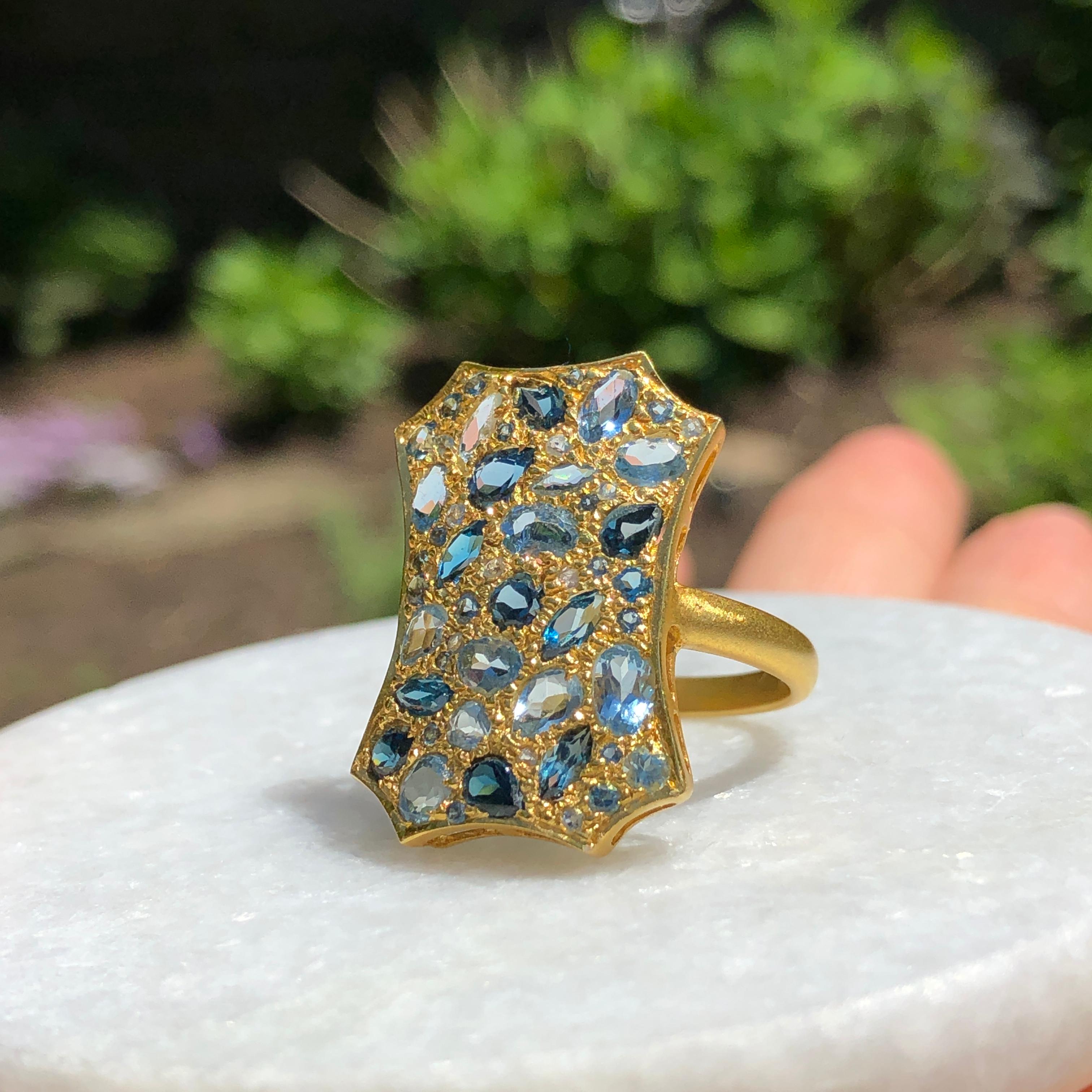 Asscher Cut Aquamarine London Blue Topaz Gold Cocktail Ring by Lauren Harper For Sale