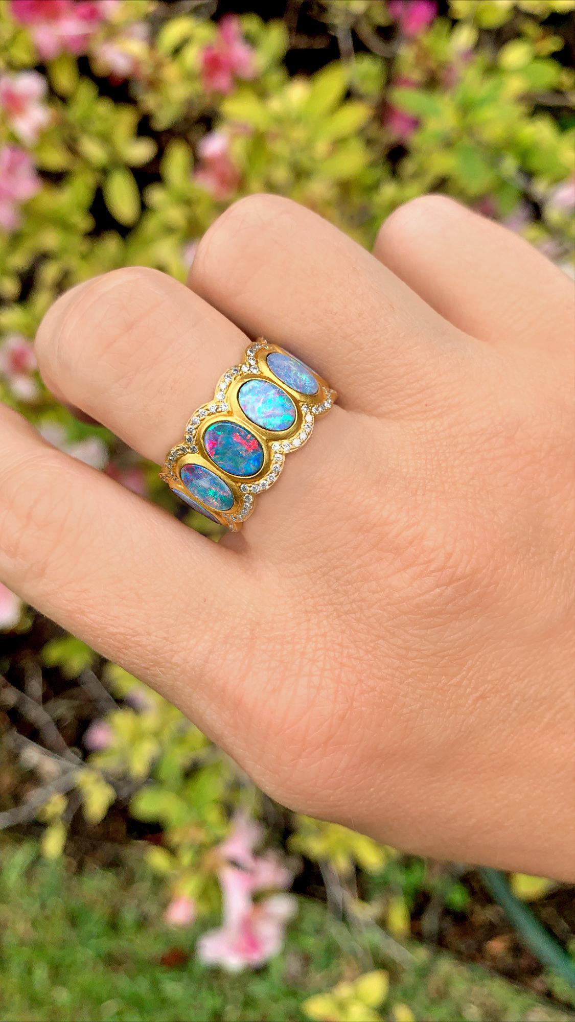 Artisan Lauren Harper Oval Boulder Opal White Diamond Matte Gold Eternity Band Ring