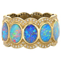 Lauren Harper Oval Boulder Opal White Diamond Matte Gold Eternity Band Ring