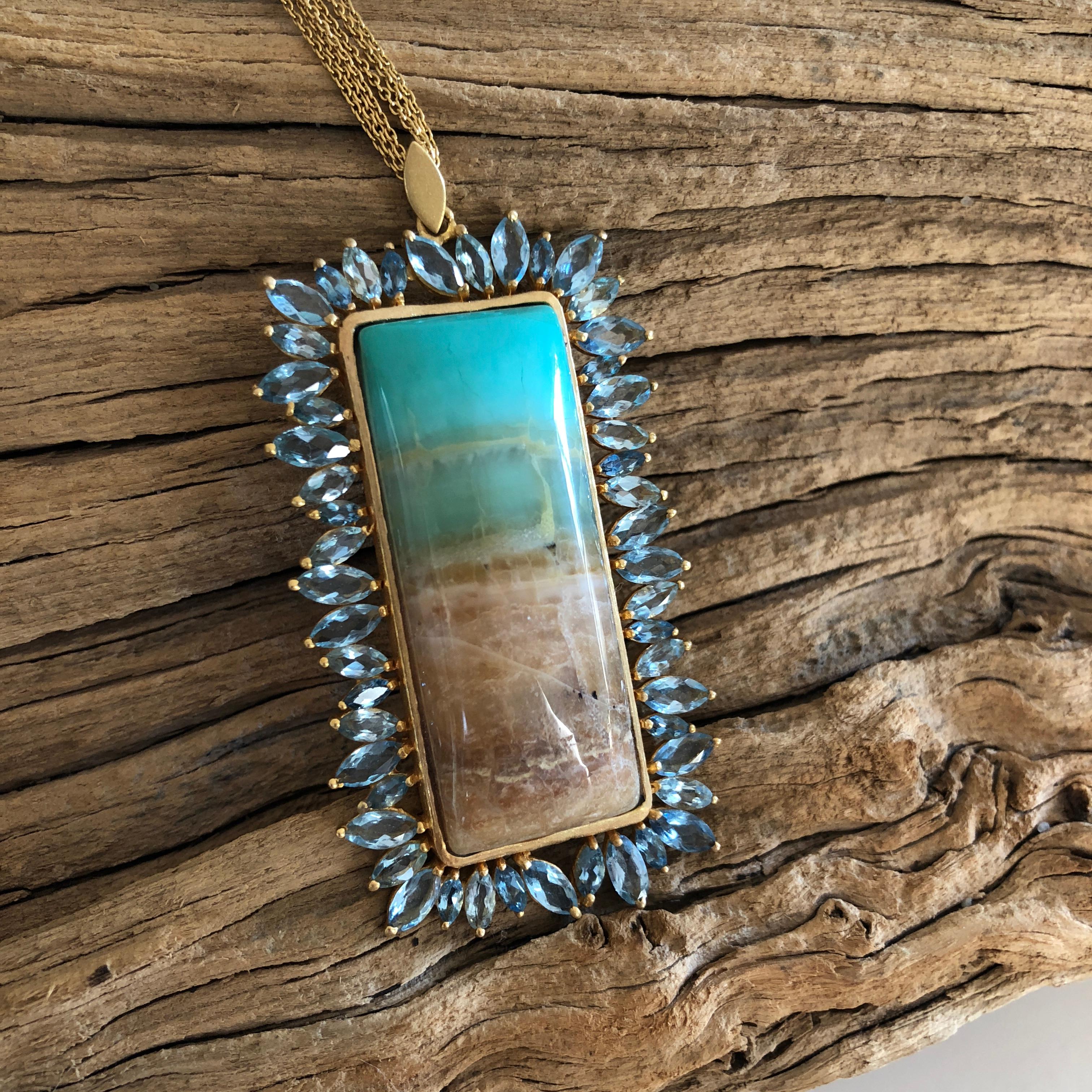 Artist Opalized Wood Aquamarine 18 Karat Gold Necklace by Lauren Harper For Sale