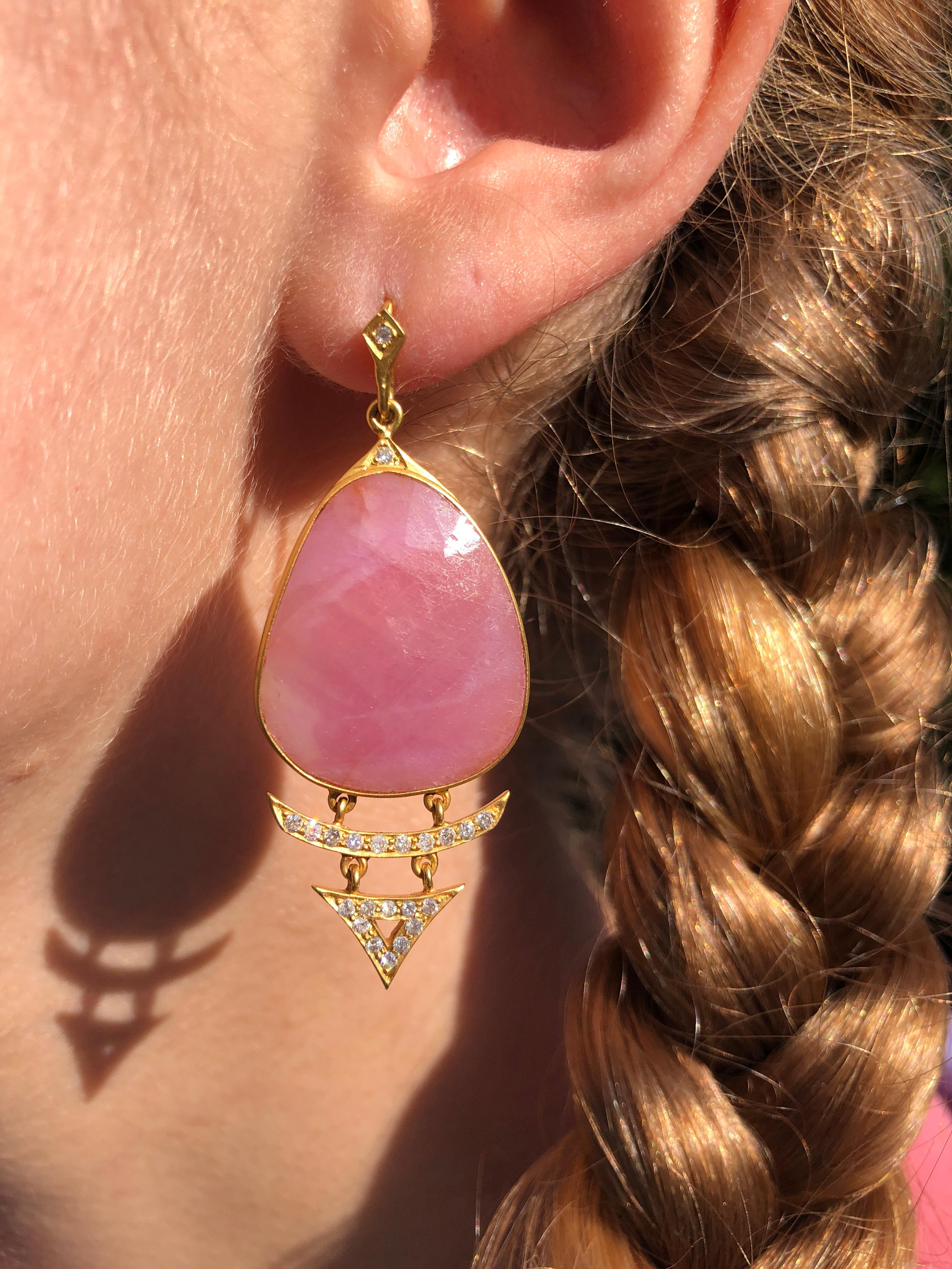 Artist Pink Sapphire and Diamond 18kt Gold Drop Earrings by Lauren Harper For Sale