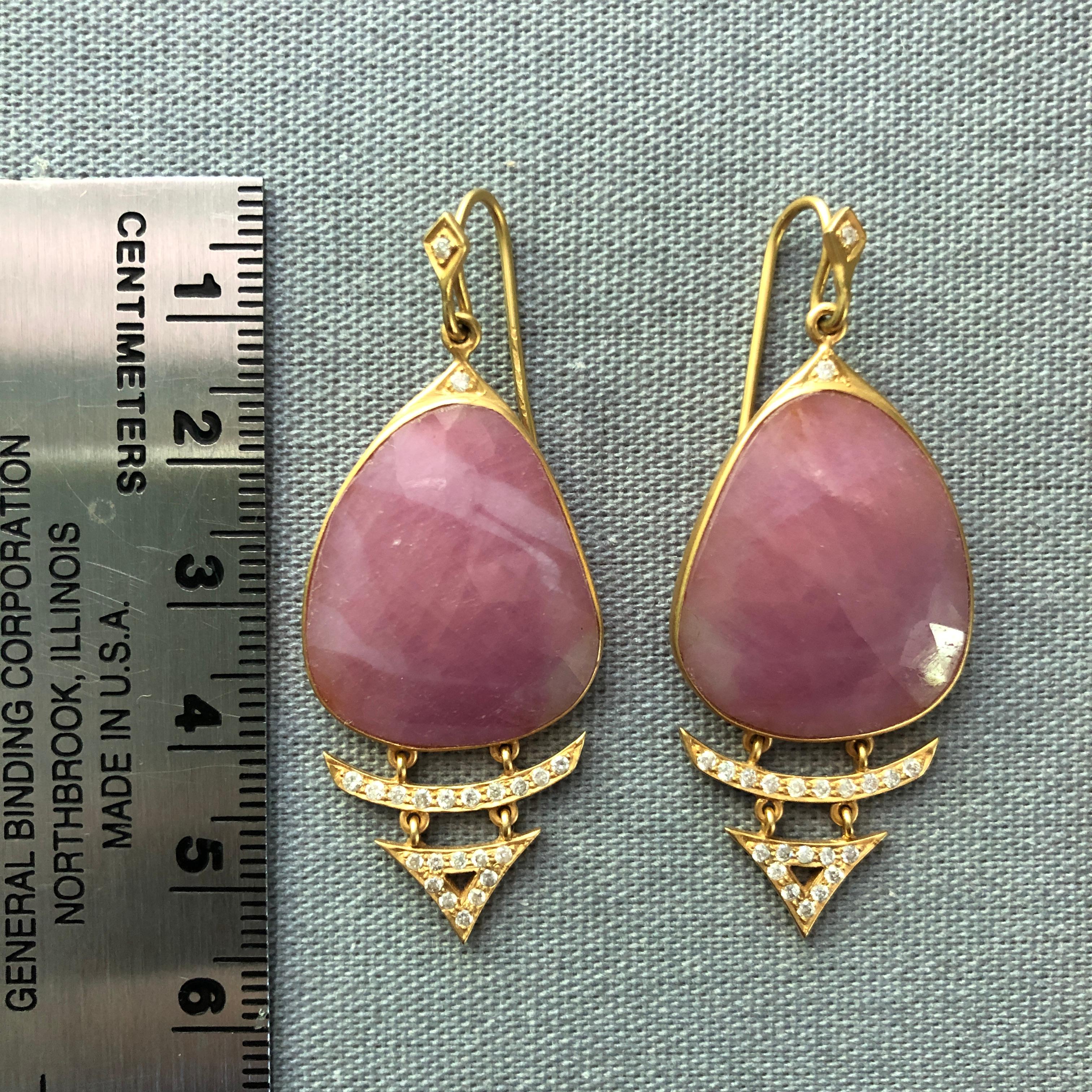 Rose Cut Pink Sapphire and Diamond 18kt Gold Drop Earrings by Lauren Harper For Sale