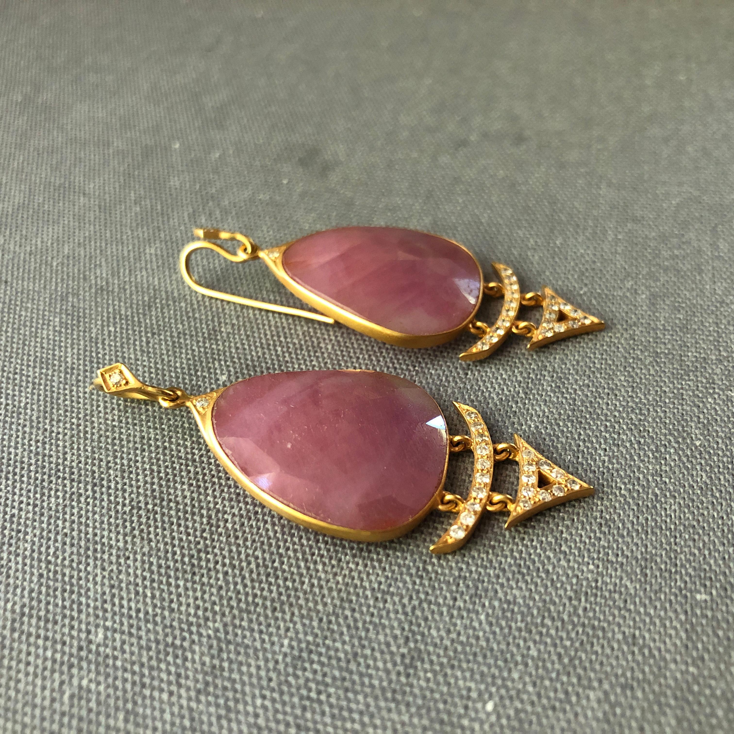 Pink Sapphire and Diamond 18kt Gold Drop Earrings by Lauren Harper For Sale 1