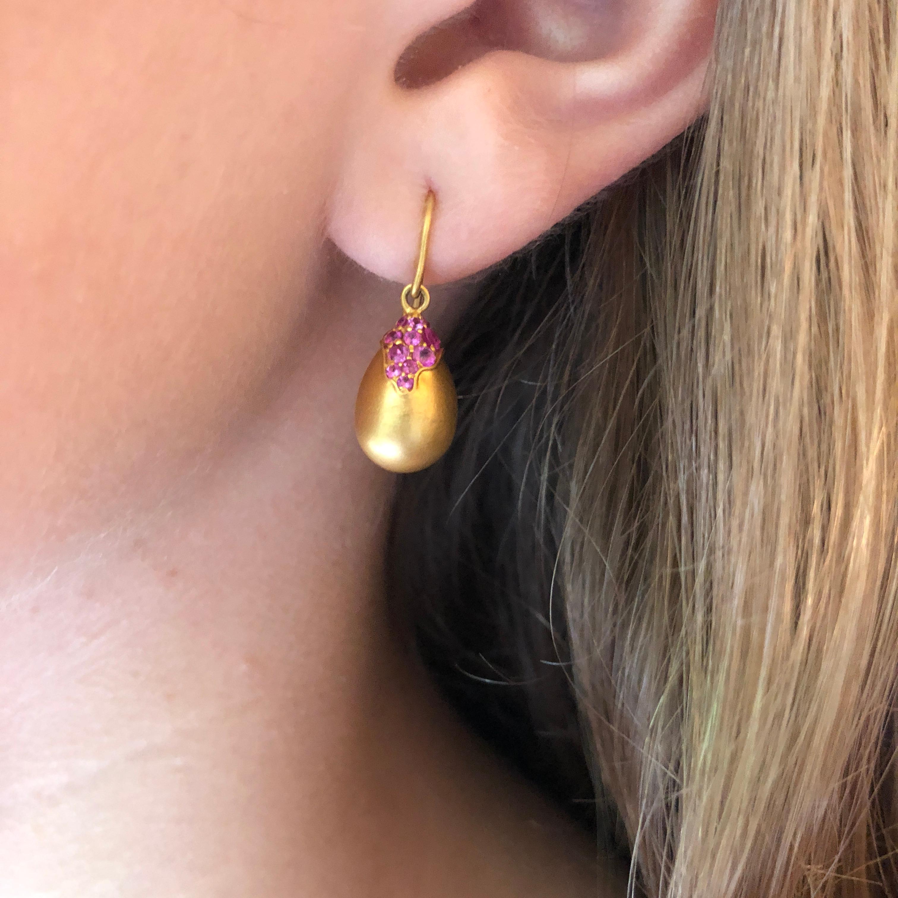 Round Cut Pink Sapphire Gold Drop Earrings by Lauren Harper