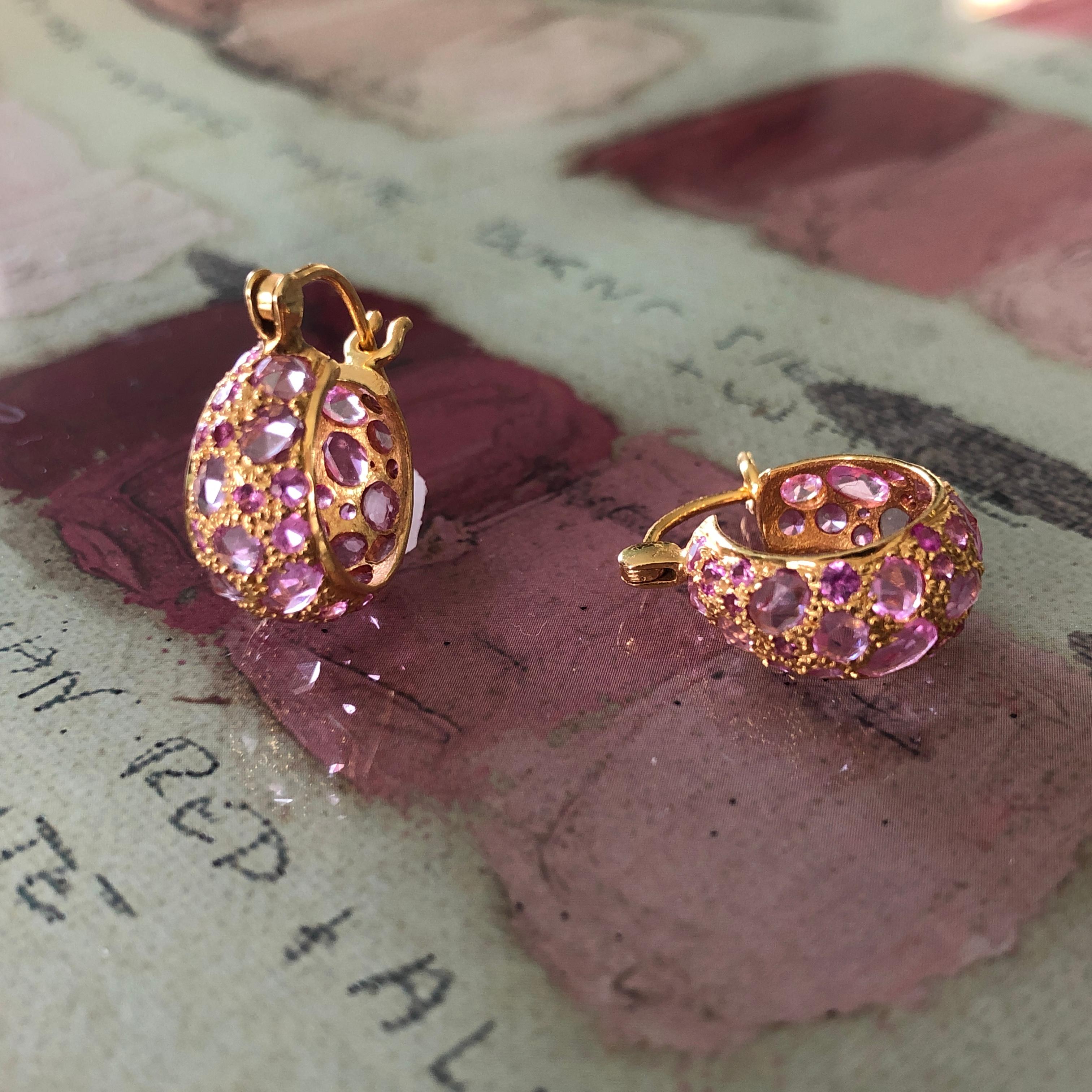 Lauren Harper 18kt Gold  and rose cut Pink Sapphire hoops will quickly become the earring you reach for every day to complete your look. Sparkly enough to catch the light but practical enough for every day. Lightweight and secure on the ear. Also