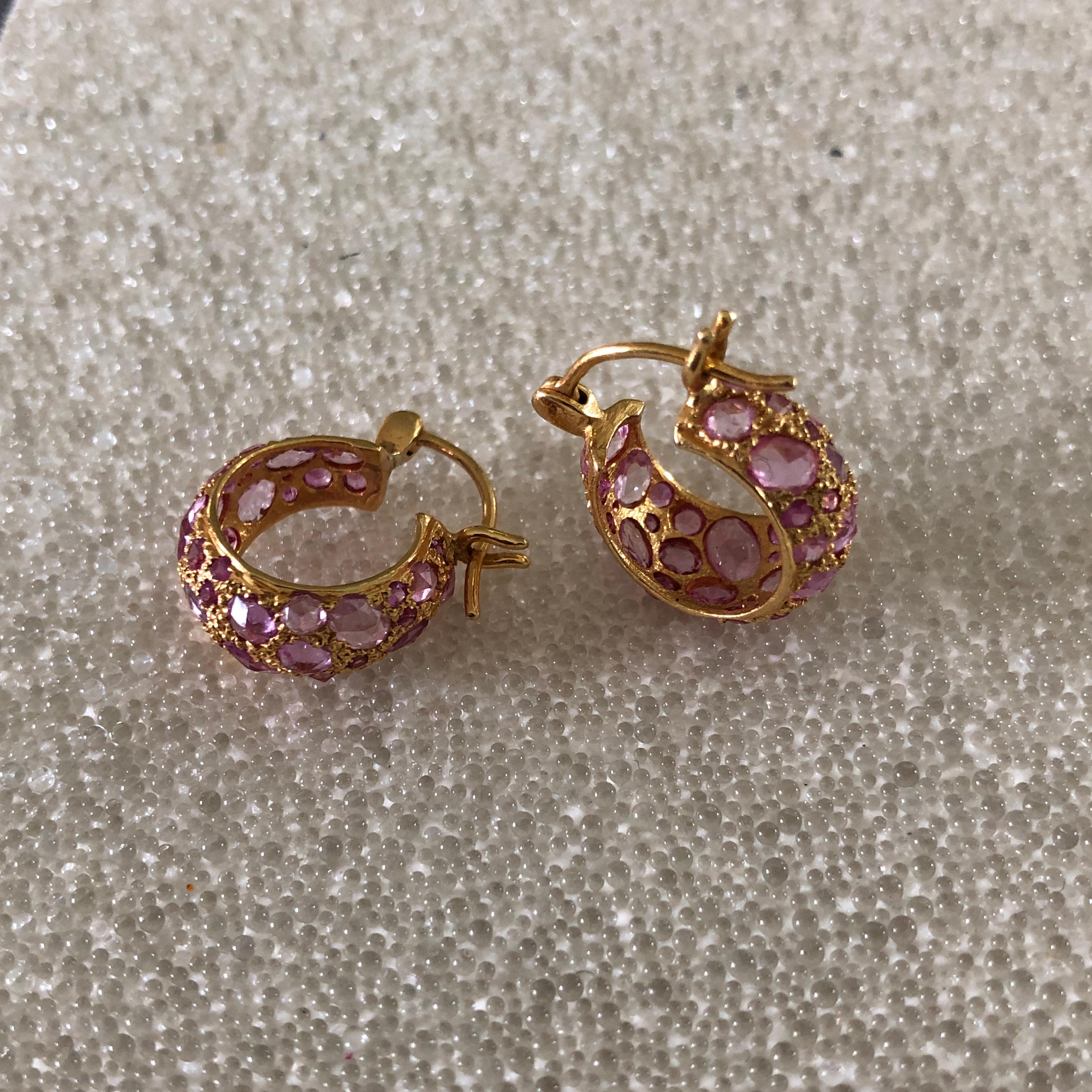 Artist Pink Sapphire Gold Hoop Earrings by Lauren Harper For Sale