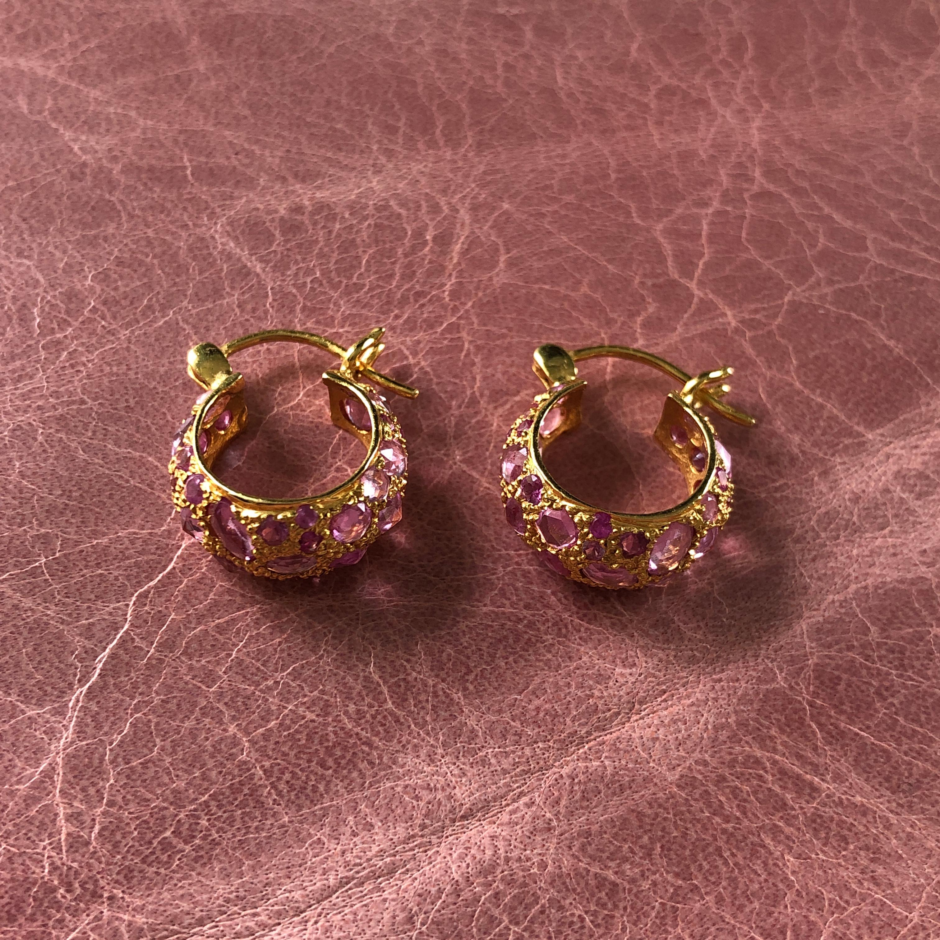 Rose Cut Pink Sapphire Gold Hoop Earrings by Lauren Harper For Sale