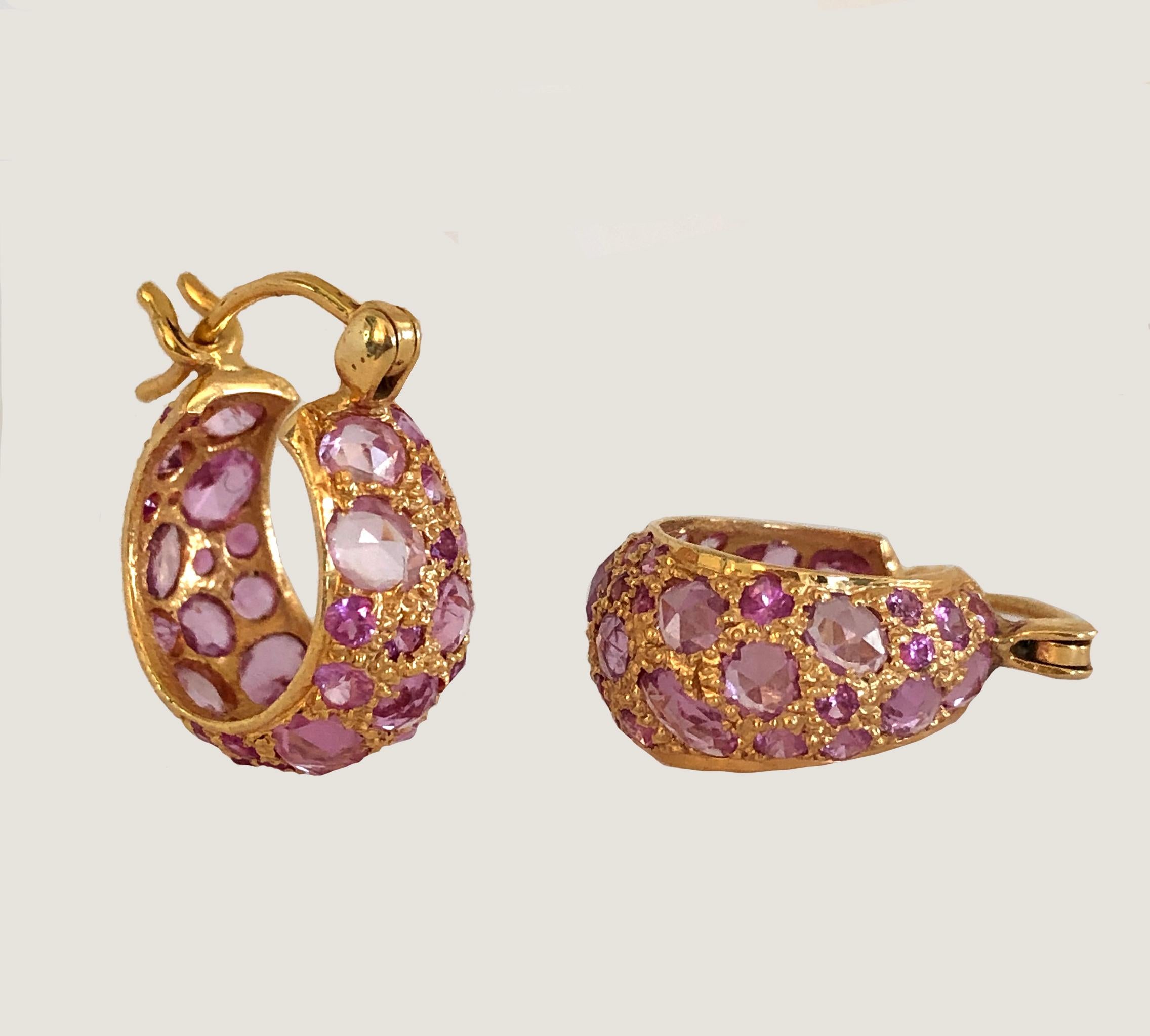 Women's Pink Sapphire Gold Hoop Earrings by Lauren Harper For Sale
