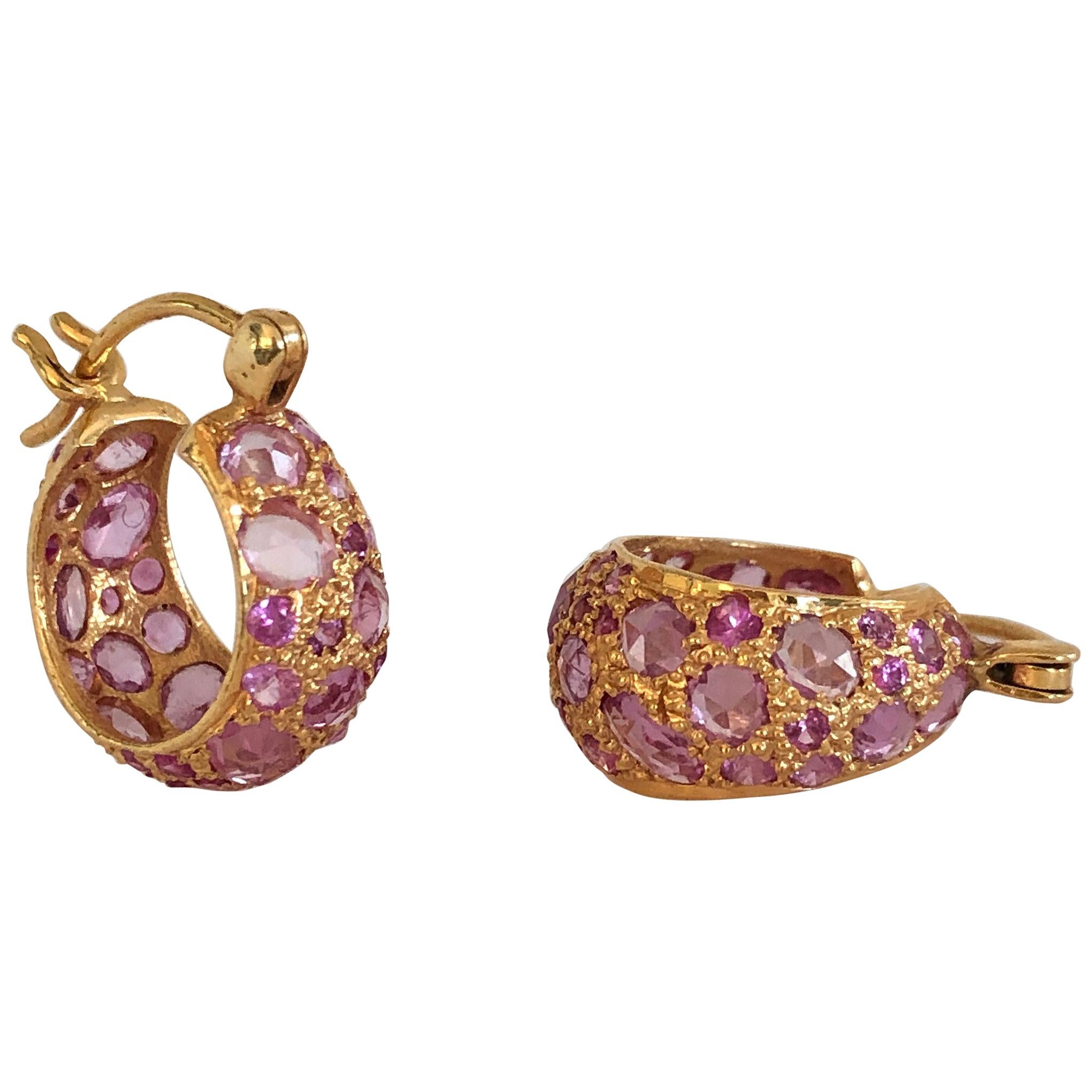 Pink Sapphire Gold Hoop Earrings by Lauren Harper For Sale