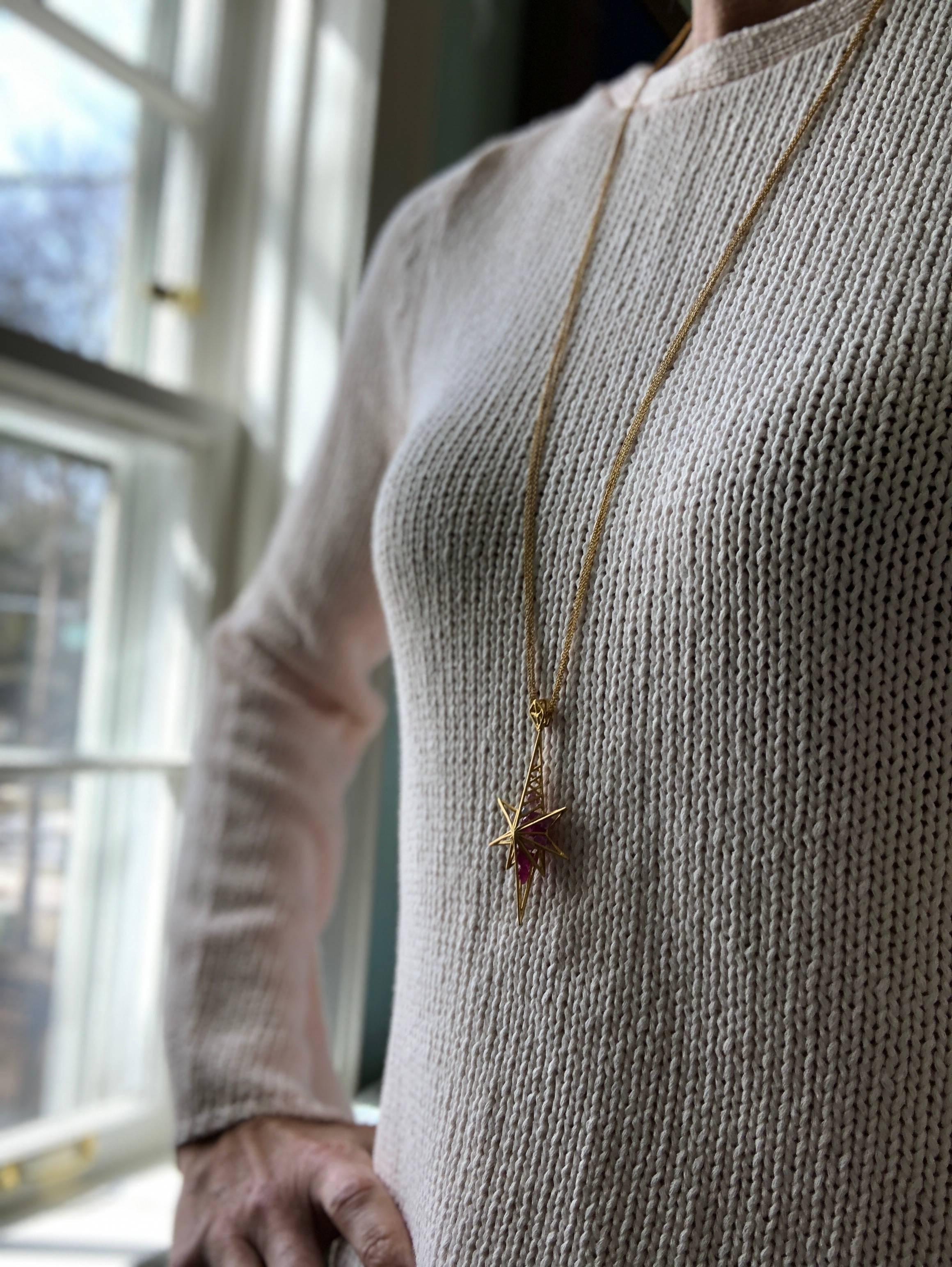 Pink Sapphire in 18kt Gold Star Necklace on Gold Chains by Lauren Harper For Sale 2