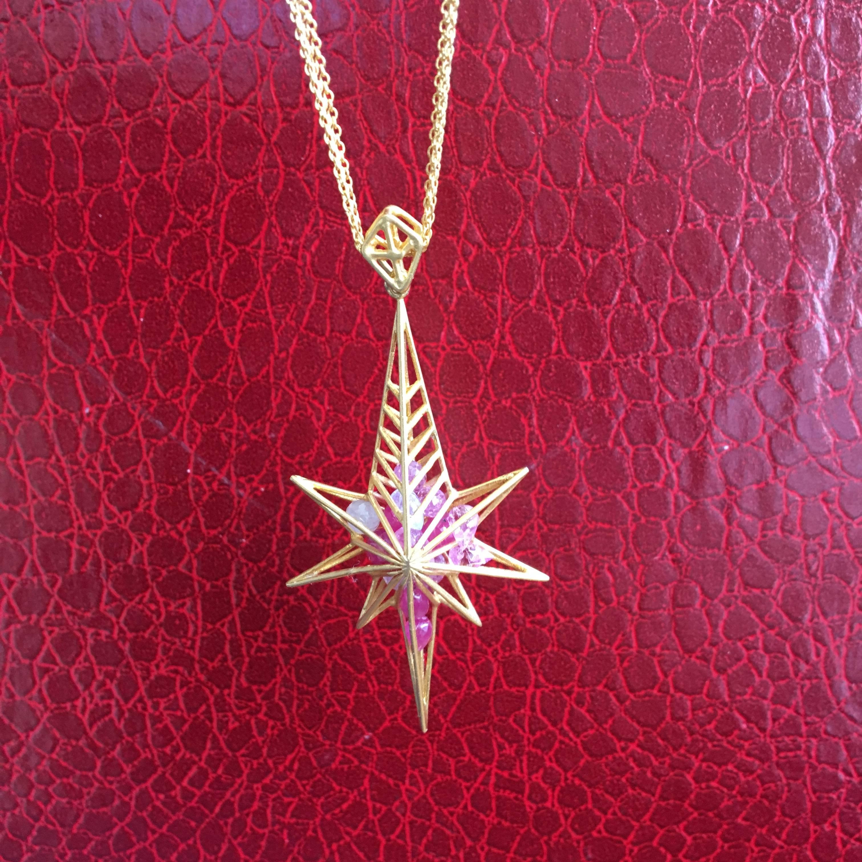 Women's Pink Sapphire in 18kt Gold Star Necklace on Gold Chains by Lauren Harper For Sale