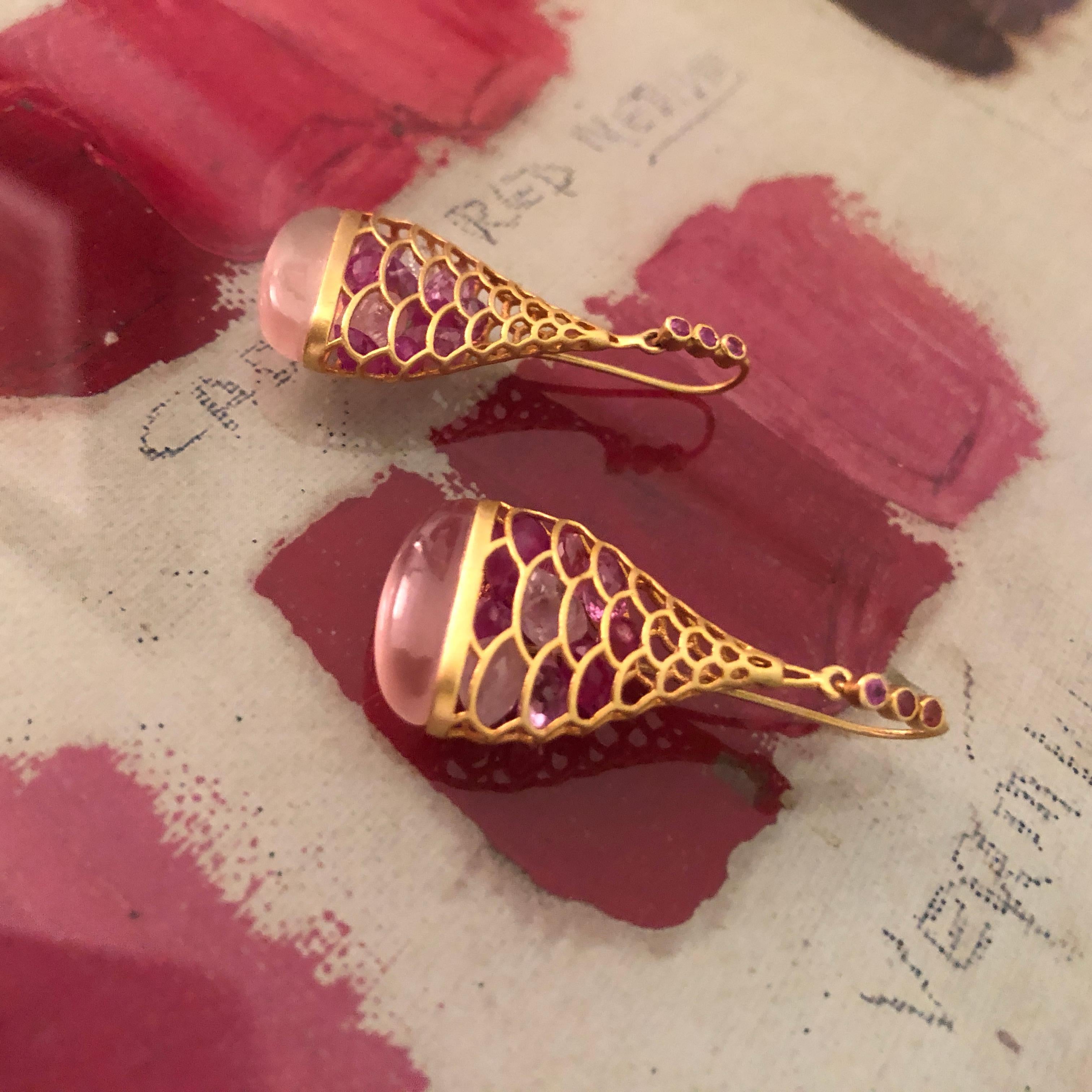 Artist Pink Sapphire Rose Quartz Gold Earrings by Lauren Harper For Sale