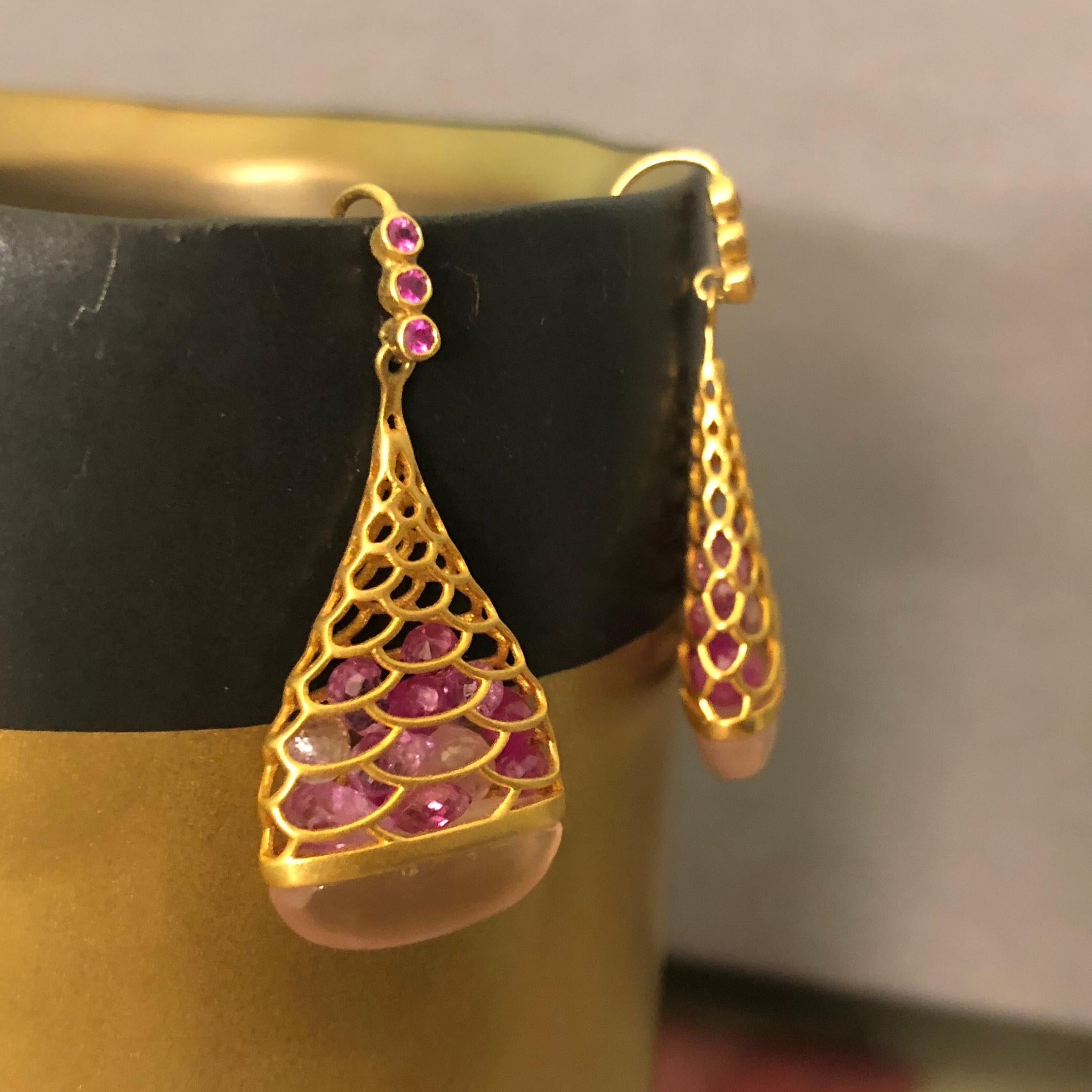 Women's Pink Sapphire Rose Quartz Gold Earrings by Lauren Harper For Sale