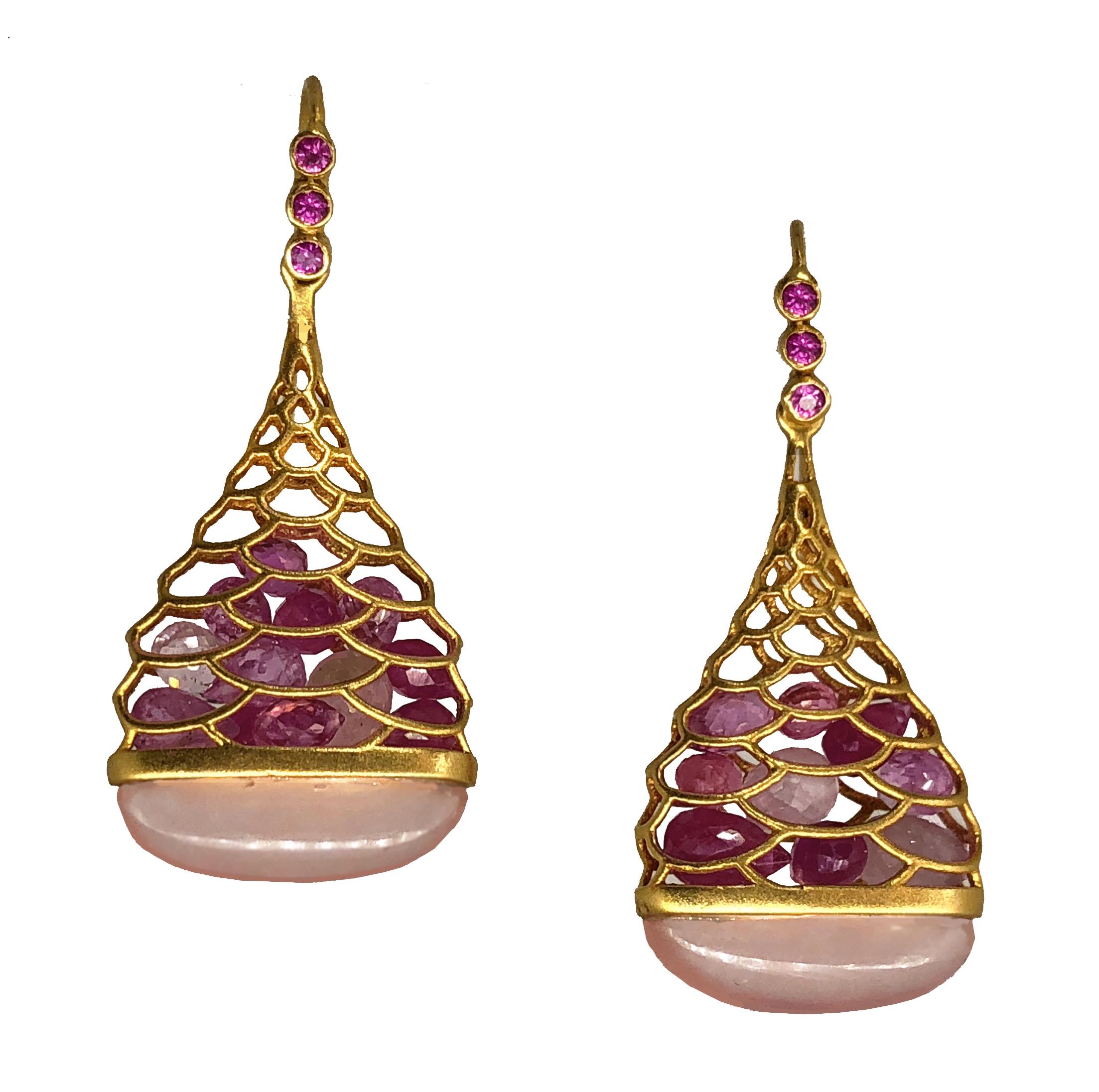 Pink Sapphire Rose Quartz Gold Earrings by Lauren Harper For Sale