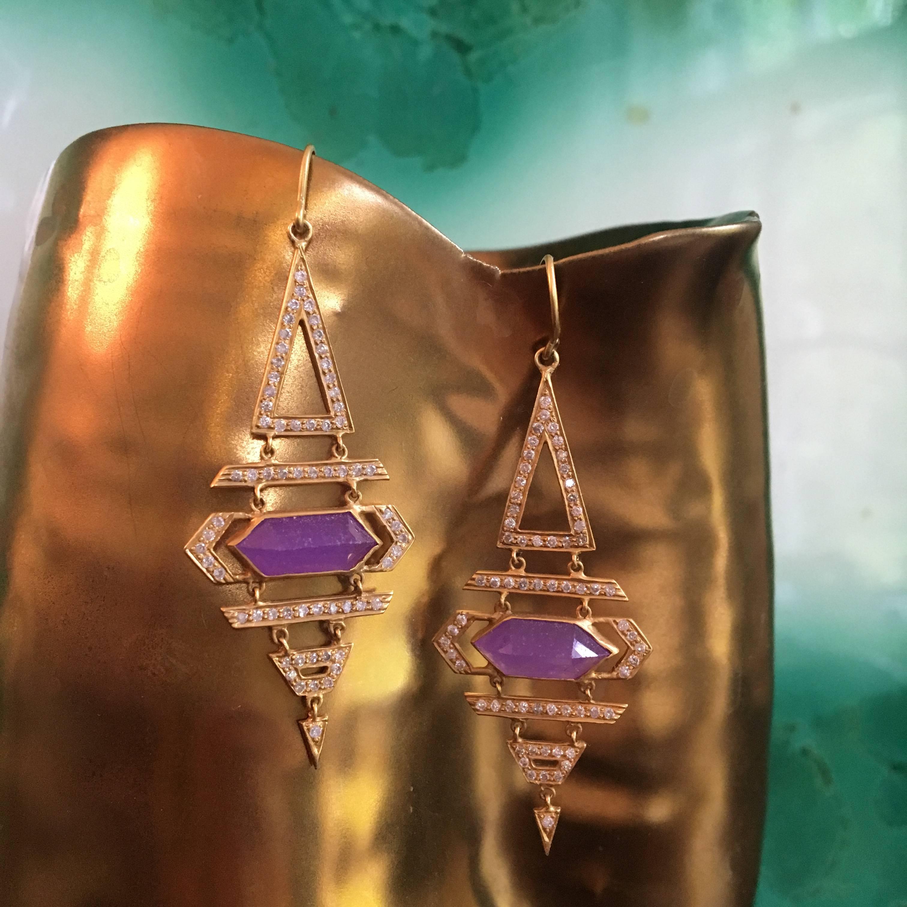 These geometric Purple Jade hexagons are set in an intricate, diamond encrusted 18kt yellow Gold maze setting.  Contemporary and feminine, these earrings are extremely lightweight, and compliment both casual and dressy looks.  Finished in Lauren