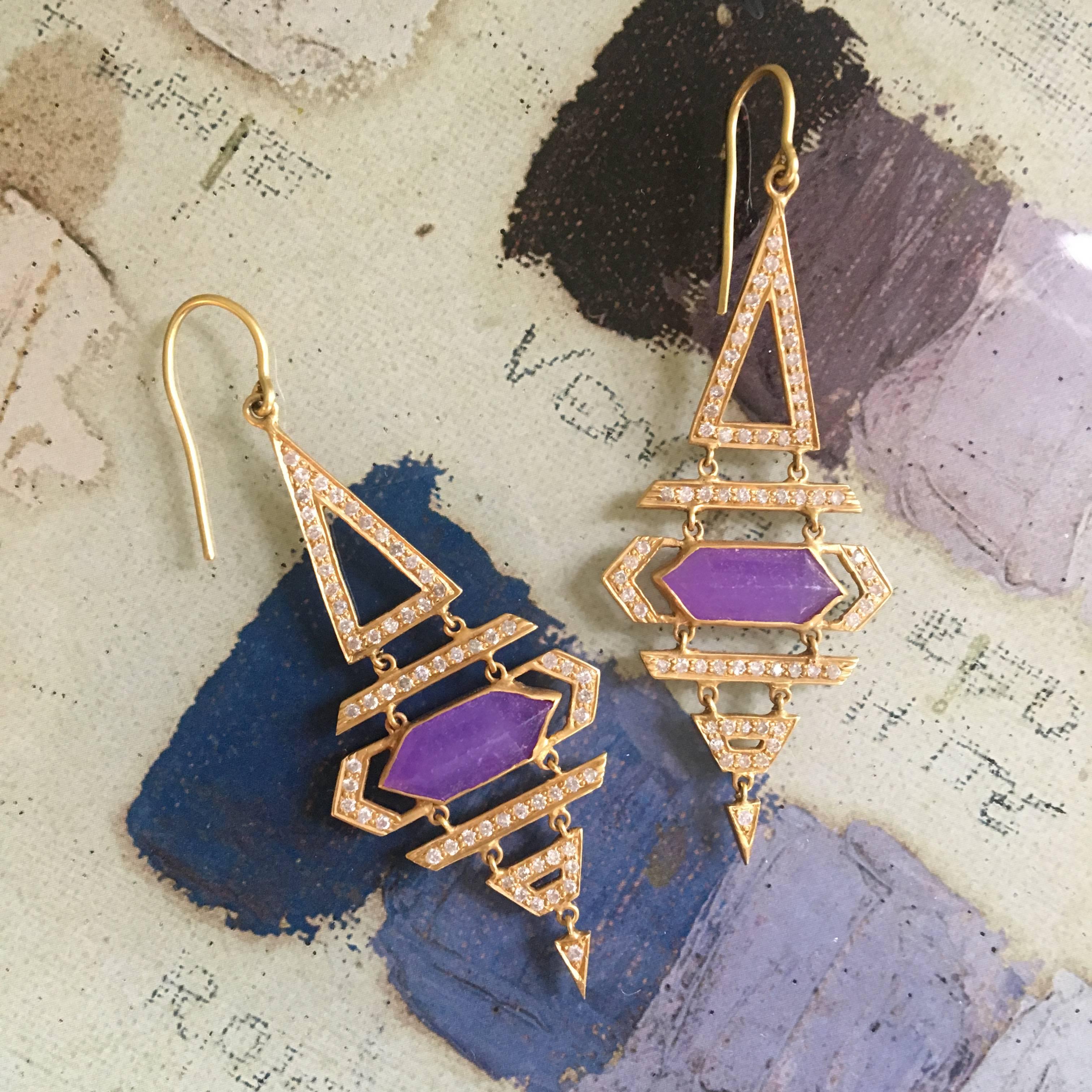 Artist Lauren Harper Purple Jade Diamond Gold Earrings