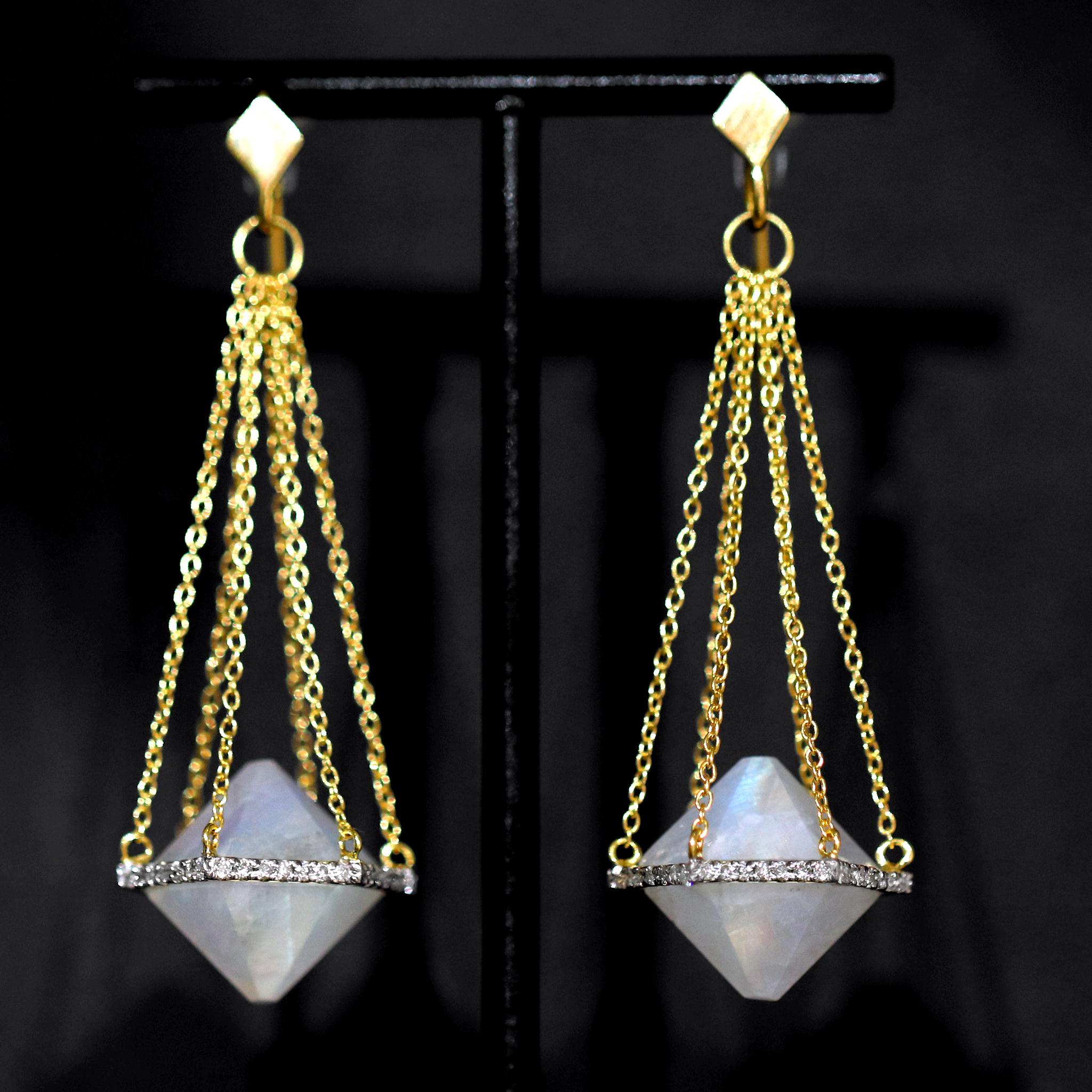Contemporary Rainbow Moonstone White Diamond Chain Drop Earrings, Lauren Harper For Sale