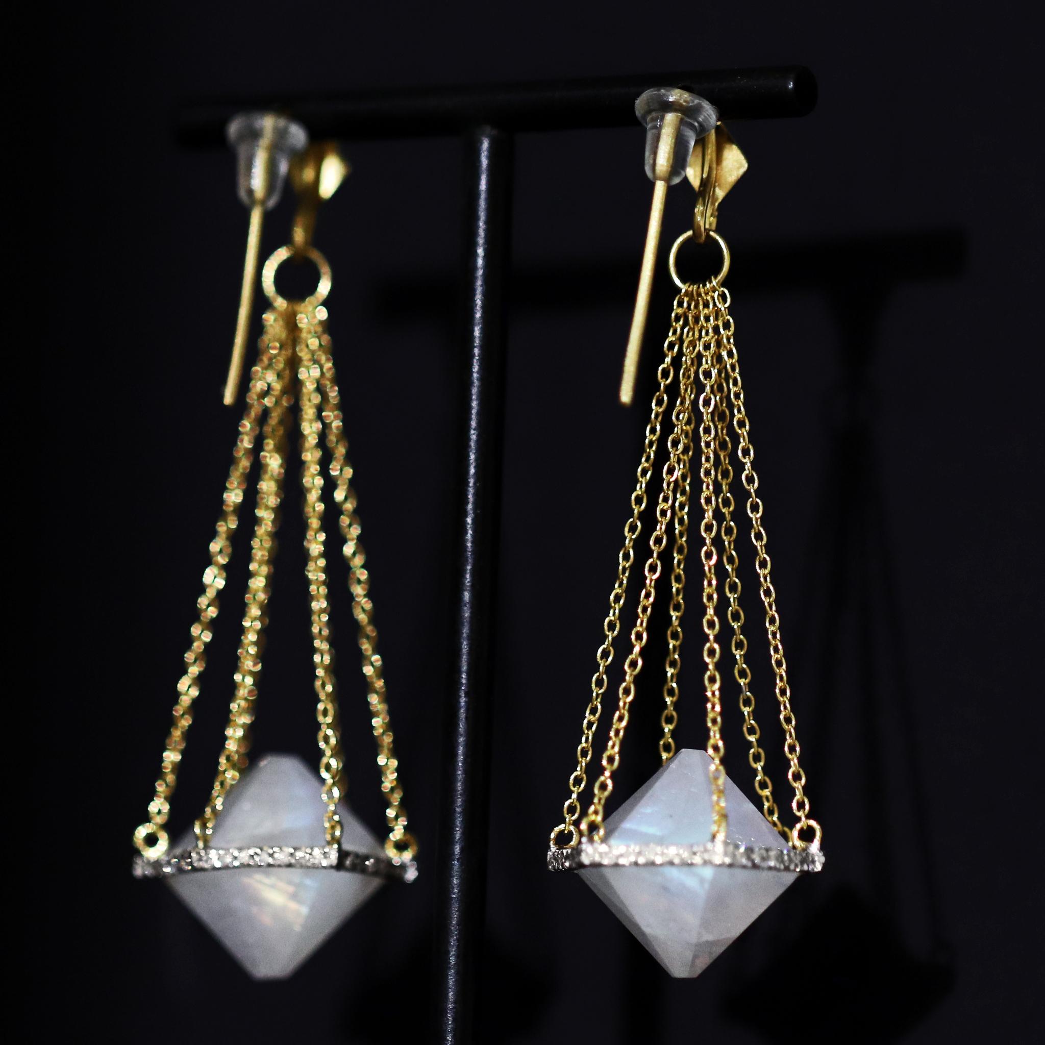Mixed Cut Rainbow Moonstone White Diamond Chain Drop Earrings, Lauren Harper For Sale