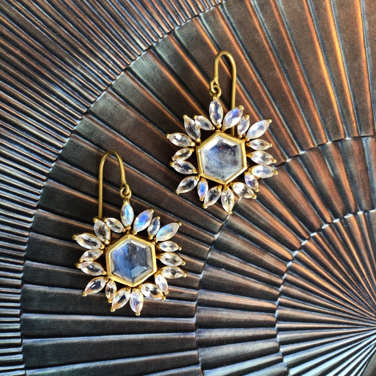 Rainbow Moonstone Gold Earrings by Lauren Harper For Sale 5