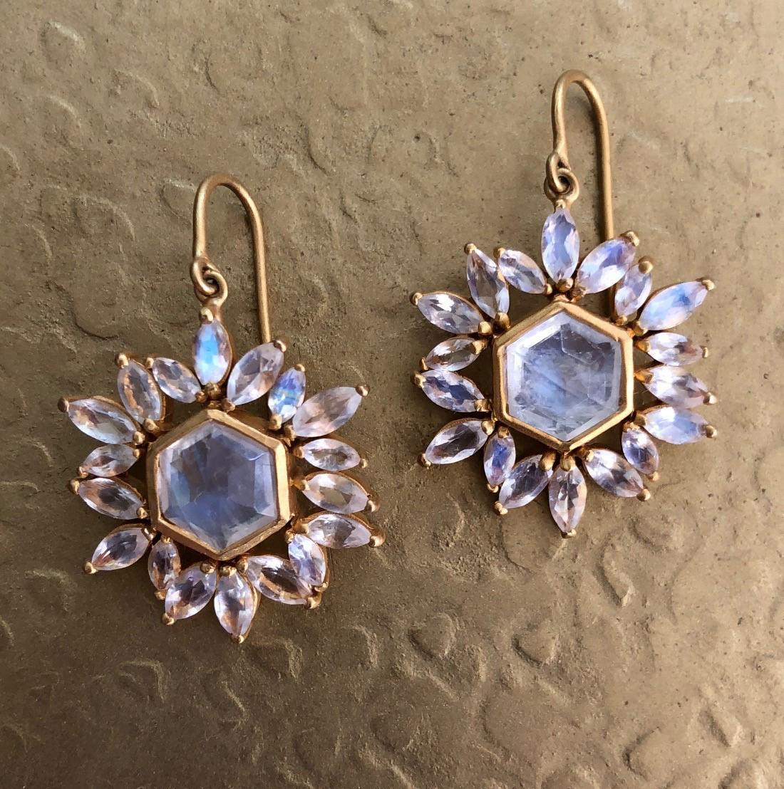 These 18kt Gold faceted Rainbow Moonstones are luminescent and lively, picking up the light and colors around them.  Sophisticated and refined, these earrings are finished in Lauren Harper's signature 18kt Matte Gold, they are perfect for day or