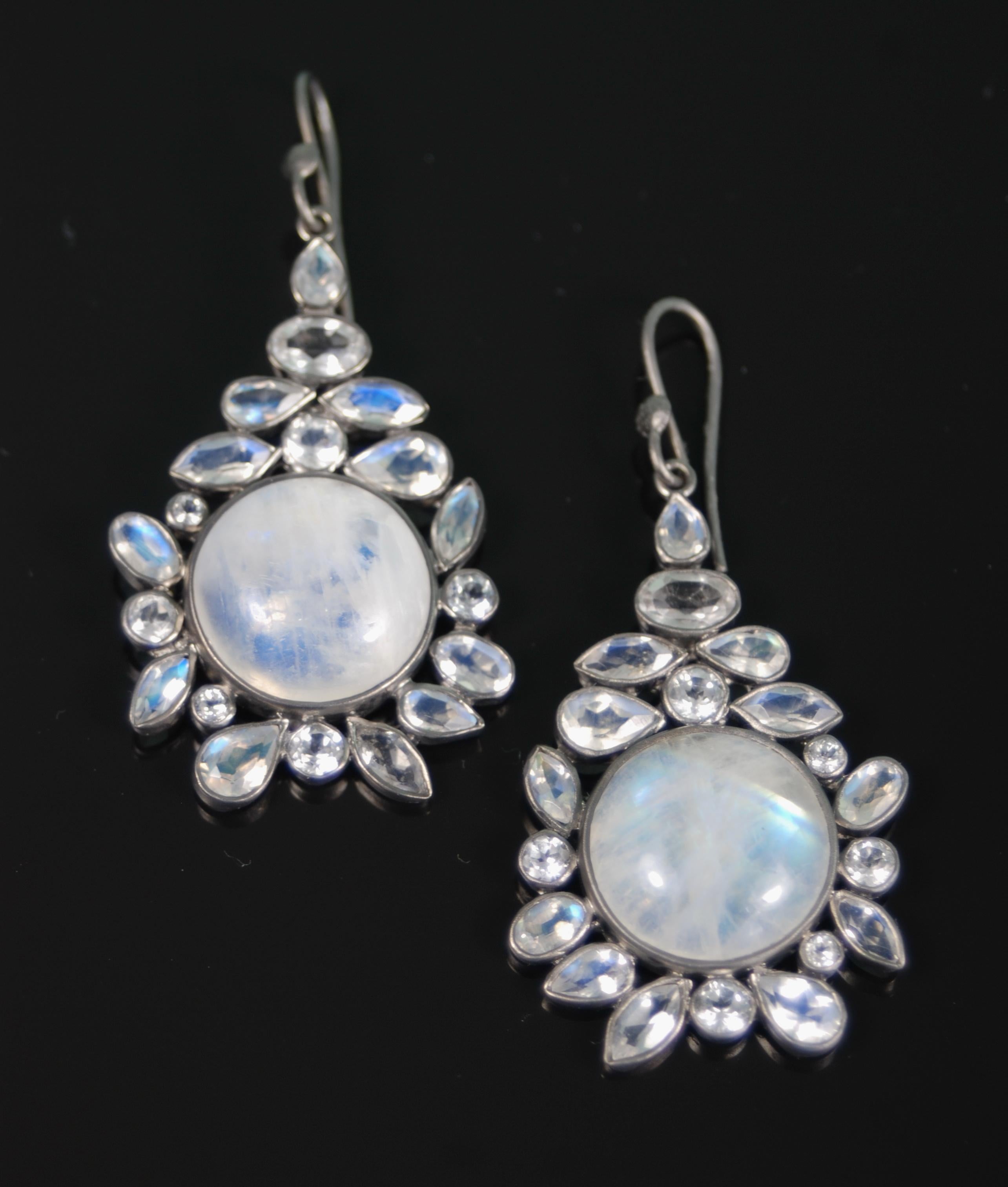 Rainbow Moonstone White Topaz Black Silver Earrings by Lauren Harper In New Condition In Winnetka, IL