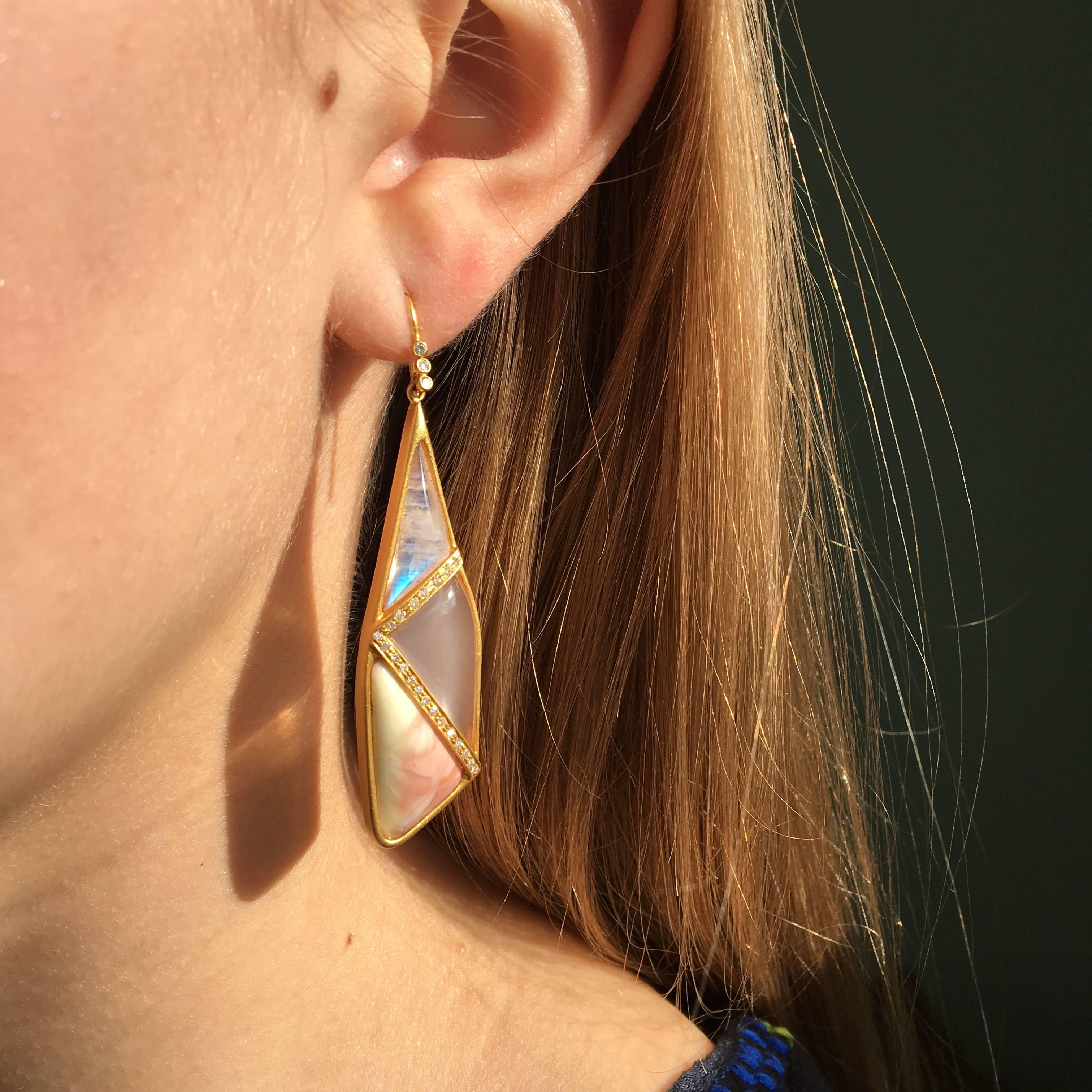 These pale pink earrings are every bit as beautiful as they are unique.  Set in Lauren Harper's signature 18kt matte yellow gold finish, the rainbow moonstone, rose quartz and pink agate are separated by diamonds.  Perfect with a summer sundress or