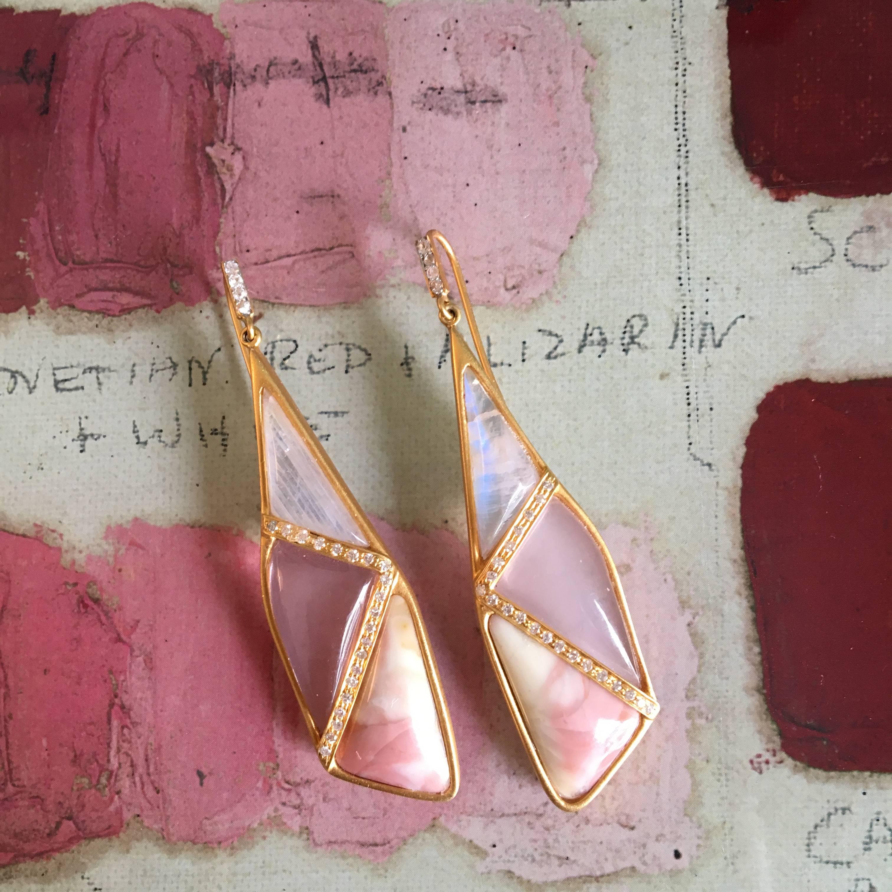 Artist Lauren Harper Rose Quartz Moonstone Pink Agate Diamond Earrings