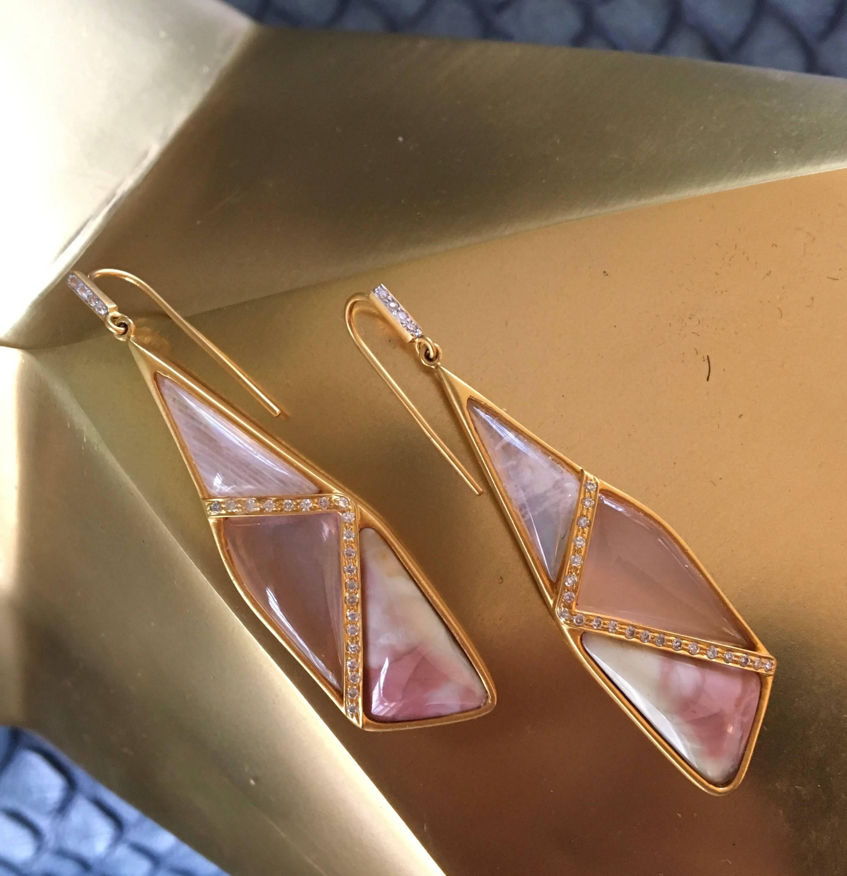 Lauren Harper Rose Quartz Moonstone Pink Agate Diamond Earrings In New Condition In Winnetka, IL